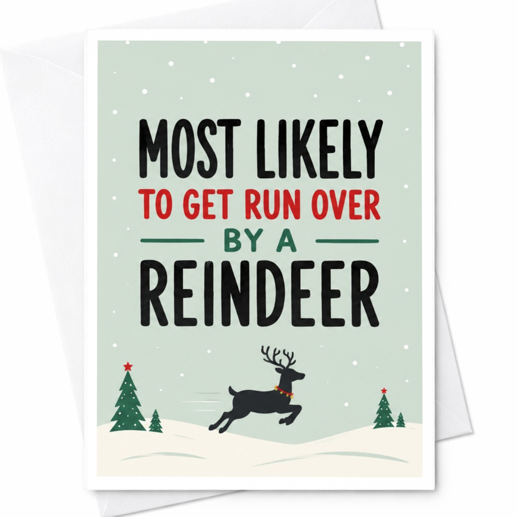 Most Likely To Get Run Over By A Reindeer Funny Christmas Card Holiday Greeting Card For Friends Family Cute Reindeer C5671
