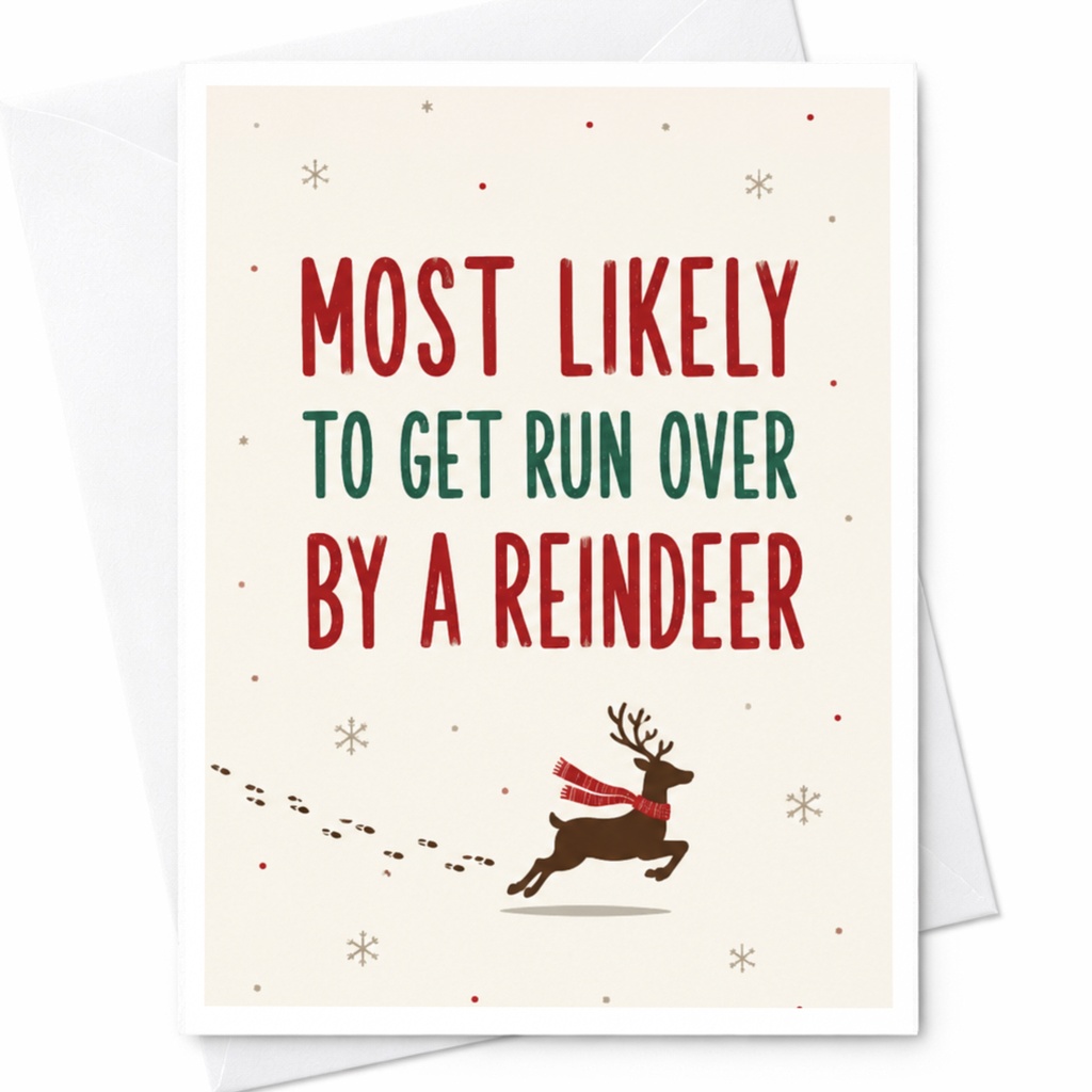 Most Likely To Get Run Over By A Reindeer Funny Christmas Card Holiday Greeting Card For Friends Family Cute Reindeer C5672