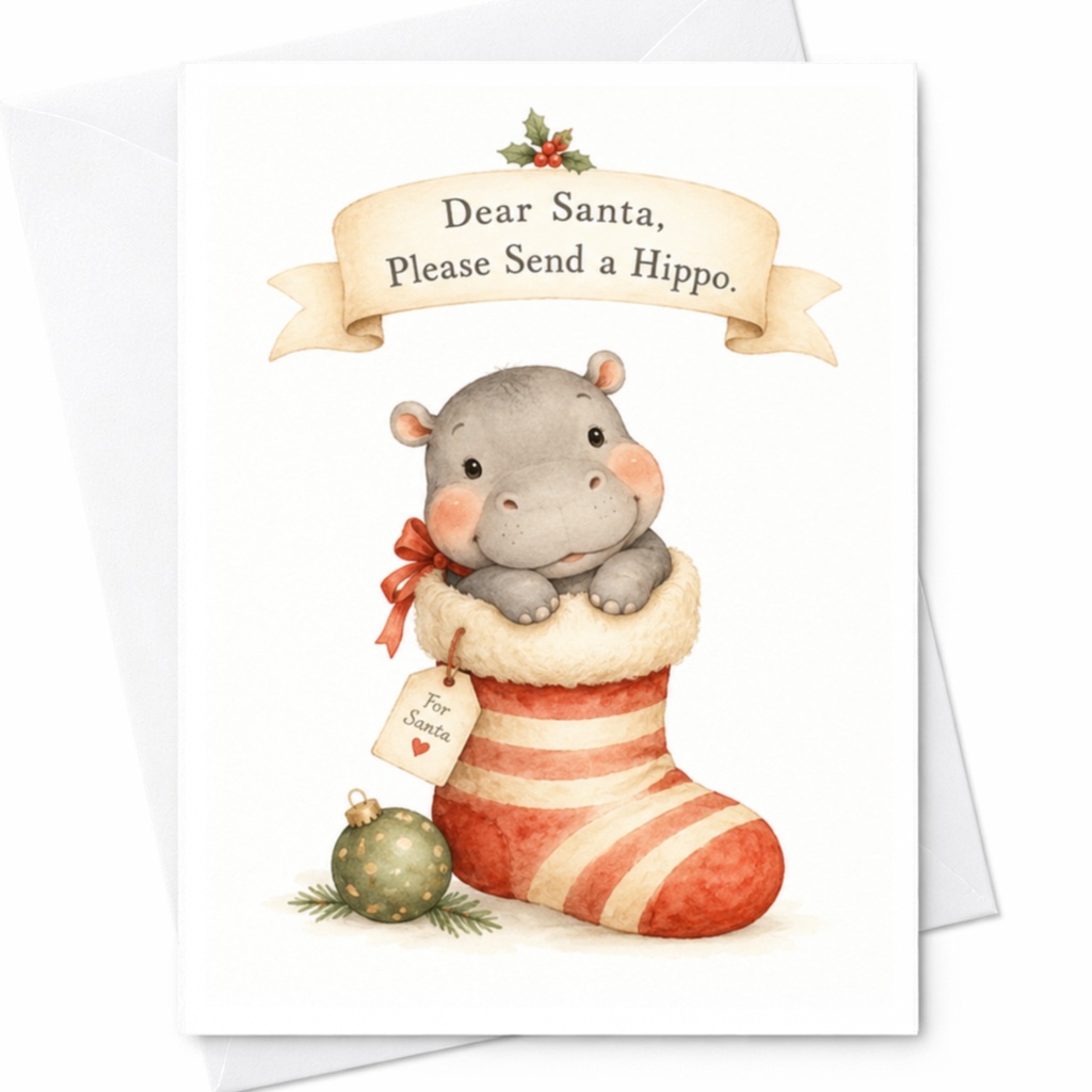 Dear Santa, Please Send A Hippo Christmas Card Cute Holiday Greeting Card For Kids Adorable Hippo In Stocking Xmas Card C5673