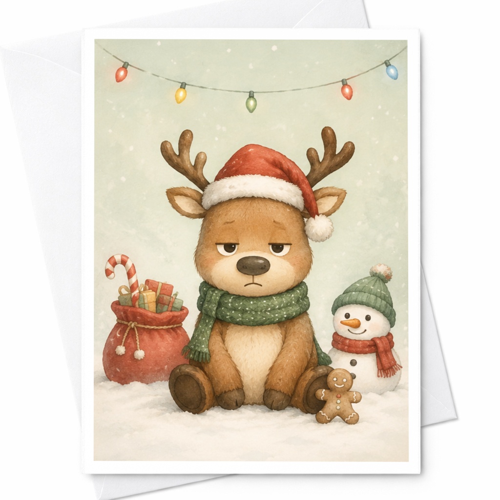 Grumpy Reindeer Christmas Card Cute Holiday Greeting Card Funny Animal Card For Kids Family Winter Scene With Snowman C5686