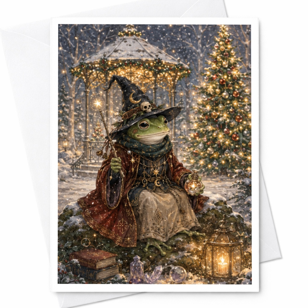 Frog Wizard Christmas Card Enchanted Winter Scene Holiday Greeting Card Magical Frog Art For Fantasy Lover Cute Festive Card C5692