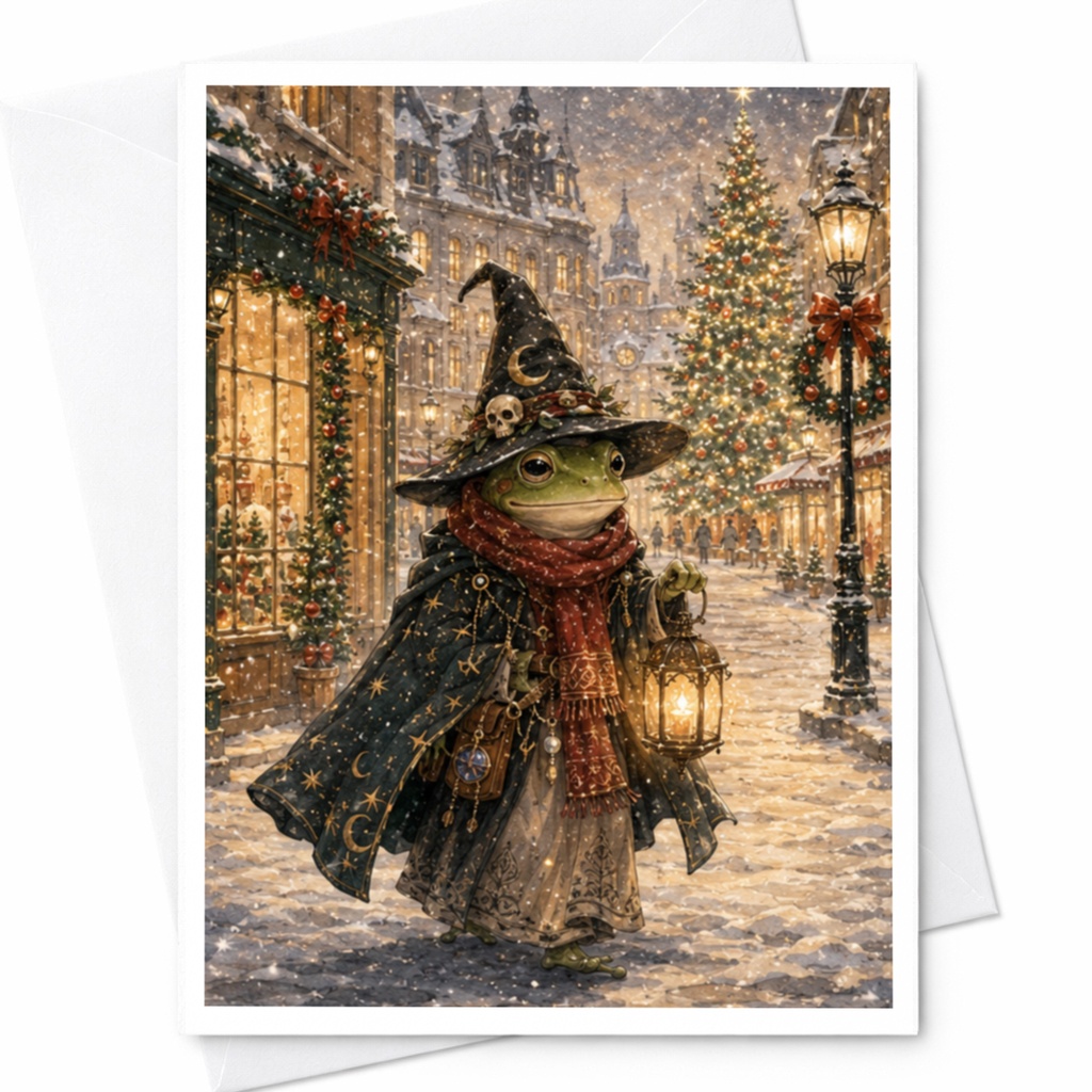 Frog In Wizard Hat Christmas Greeting Card Whimsical Holiday Card Cute Animal Card Winter Scene For Friend Family C5693