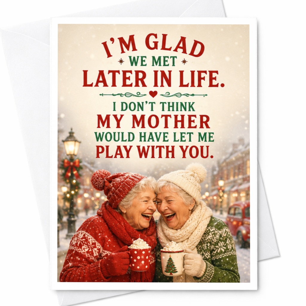 I'm Glad We Met Later In Life Funny Christmas Card For Friend Holiday Greeting Card Cute Winter Scene With Laughing Women C5699