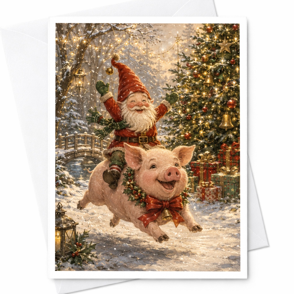 Santa Riding Pig Christmas Card Festive Holiday Greeting Card Cute Santa Claus Illustration For Kids Family Fun C5706