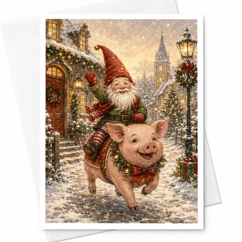 Santa Riding Pig Christmas Card Cute Holiday Greeting Card Festive Winter Scene For Kids Family Fun Christmas Card C5707