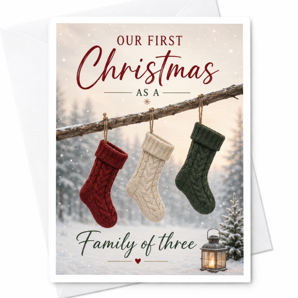 Our First Christmas As A Family Of Three Christmas Card New Parents Holiday Greeting Card Cute Stocking Winter Scene C5712