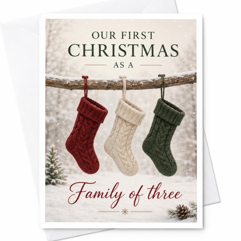 Our First Christmas As A Family Of Three Christmas Card New Parents Holiday Greeting Card Cute Stocking Winter C5713