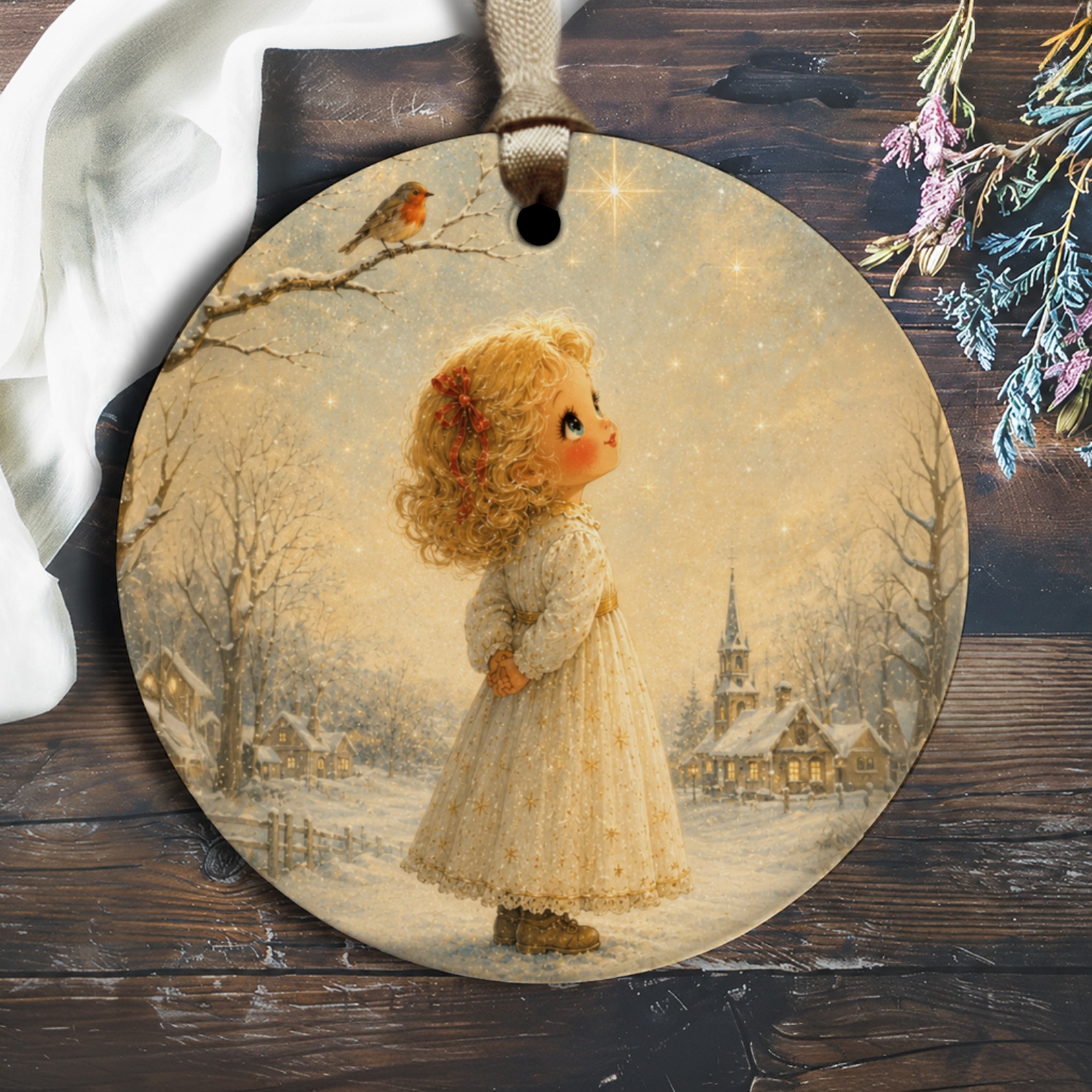 Christmas Ornament Cute Winter Scene Girl With Bird Holiday Decor Snowy Village Art Collectible Gift O1472