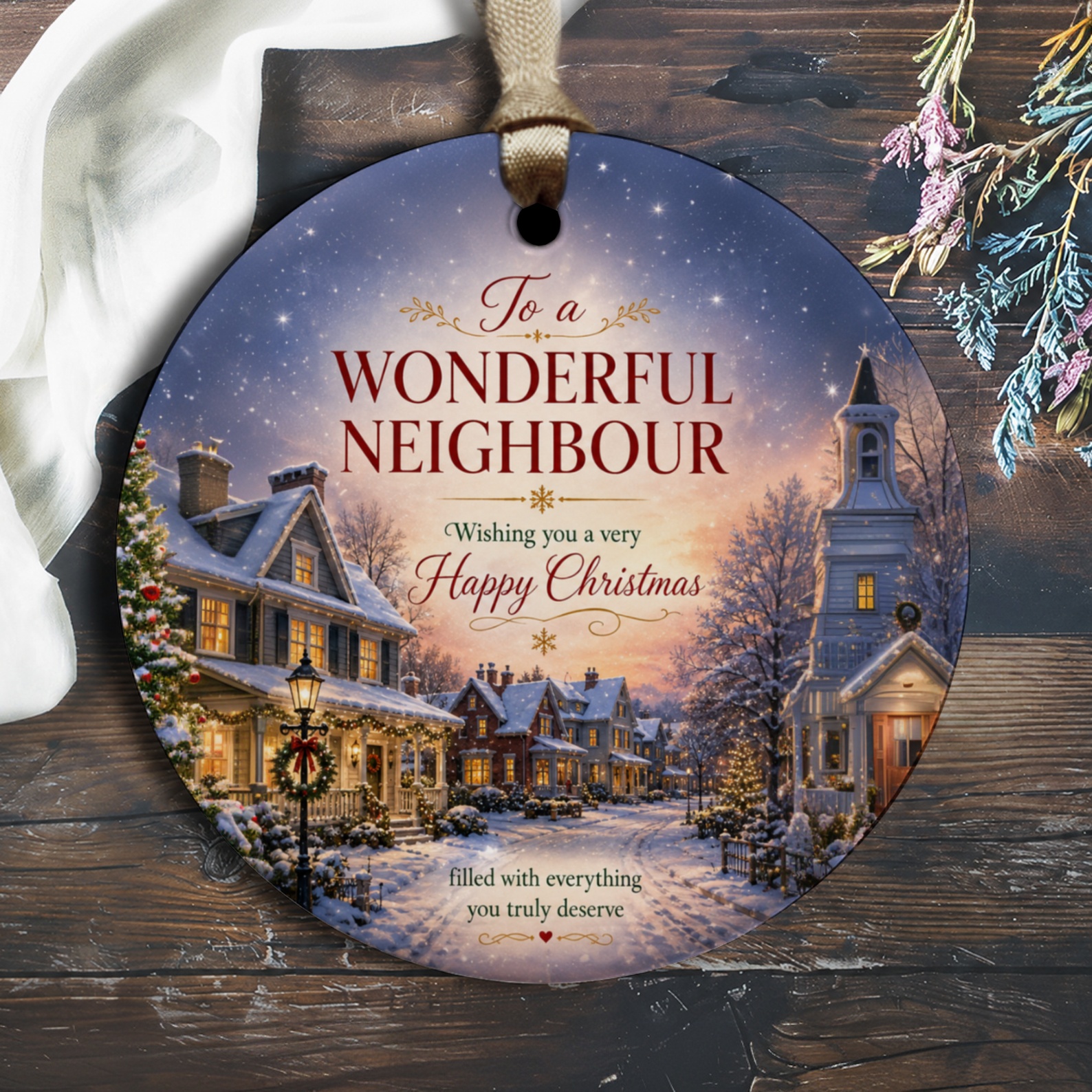 To A Wonderful Neighbour Happy Christmas Ornament Festive Village Scene Holiday Decoration Gift For Neighbor O1476