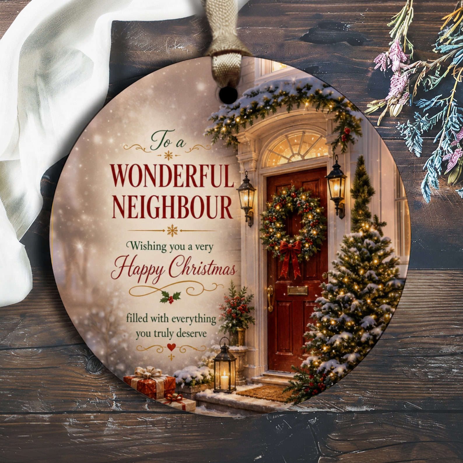 To A Wonderful Neighbour Happy Christmas Ornament Festive Holiday Decor Gift For Neighbor Winter Wreath Snowy Scene O1477