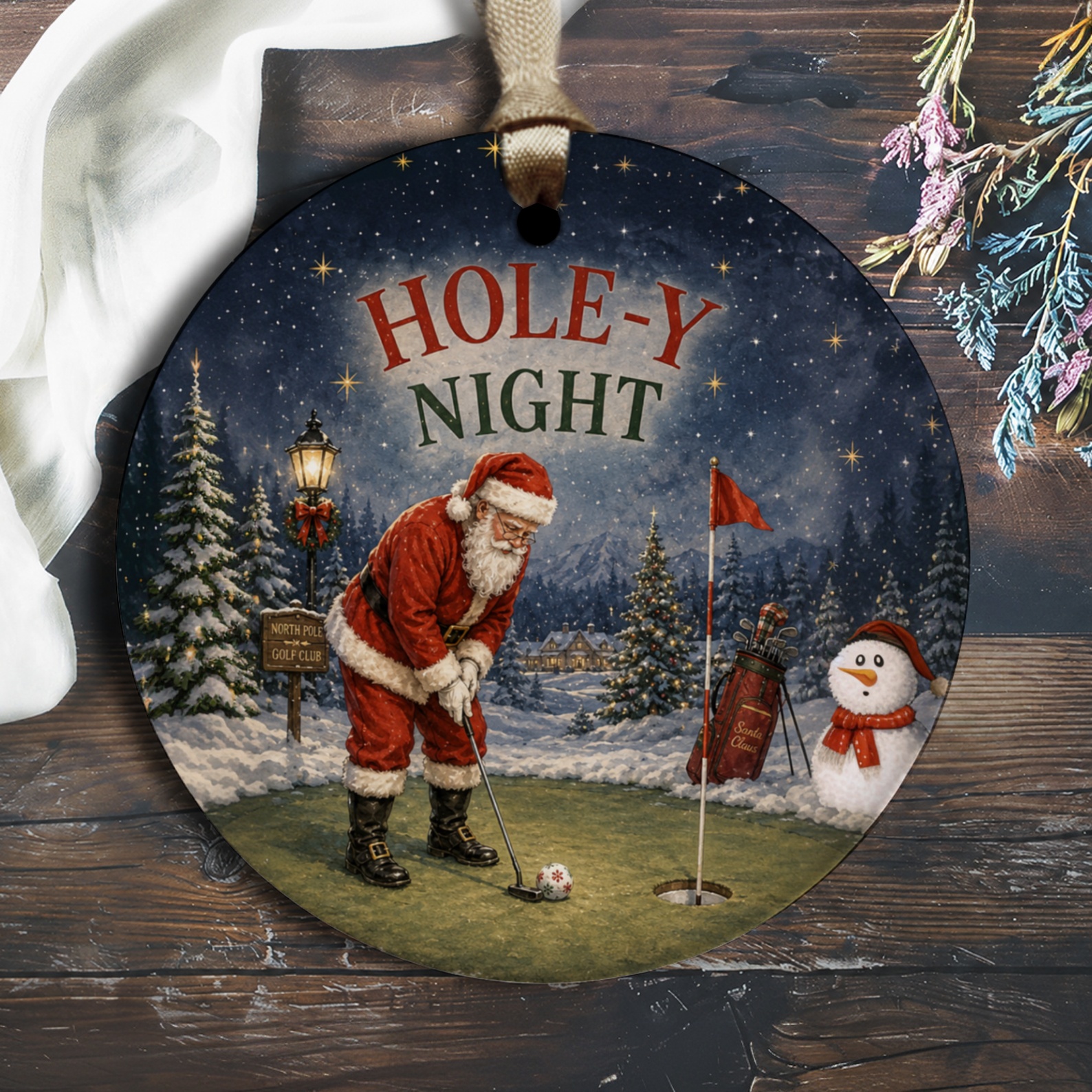 Hole-Y Night Christmas Ornament Santa Golfing With Snowman Festive Holiday Decor Winter Wonderland Scene O1482