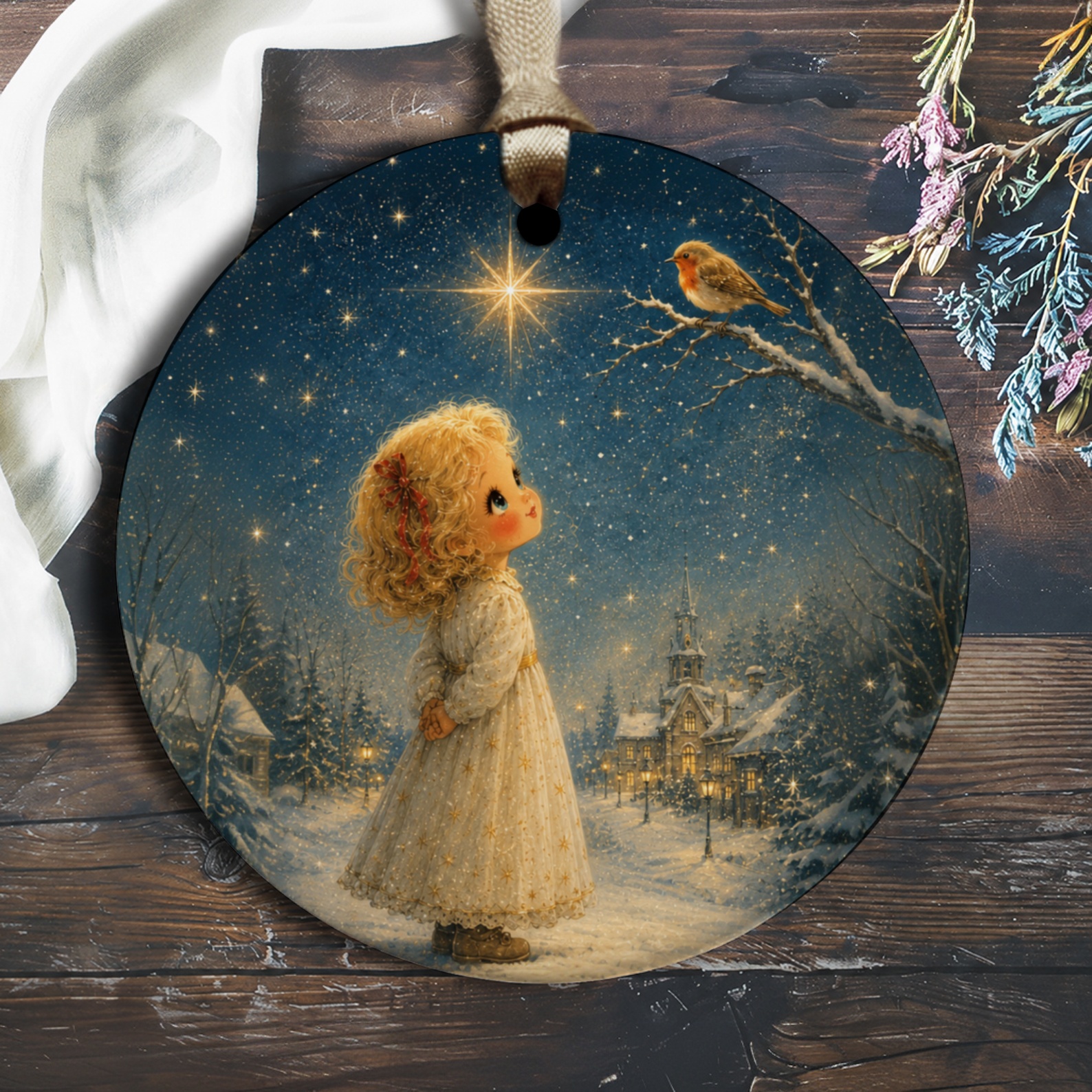 Christmas Ornament Girl And Robin Winter Scene Holiday Decor Cute Snowy Night Decoration Gift For Her O1474