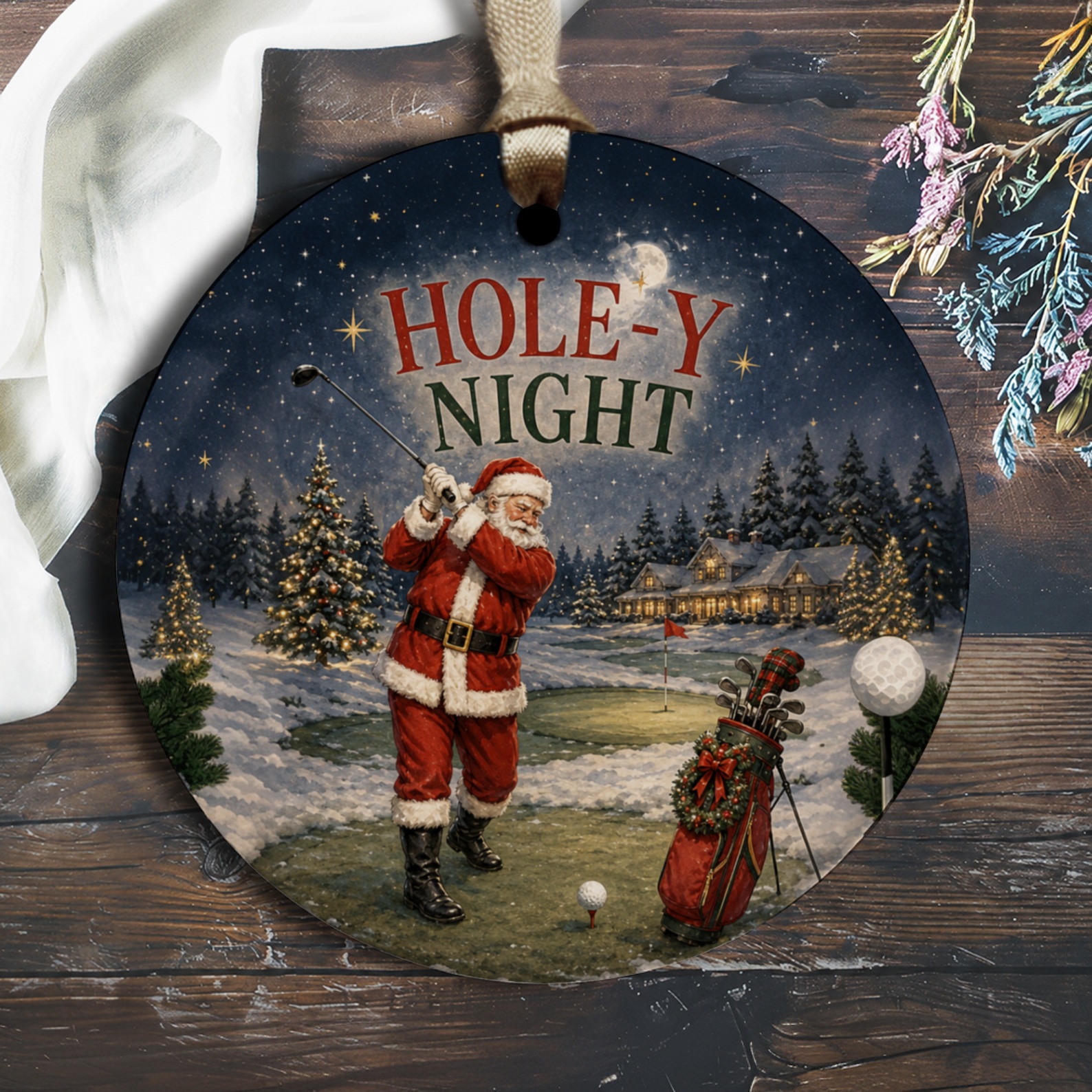 Hole-Y Night Christmas Ornament Santa Golfing Holiday Decor Funny Golf Lover Gift Winter Scene O1481
