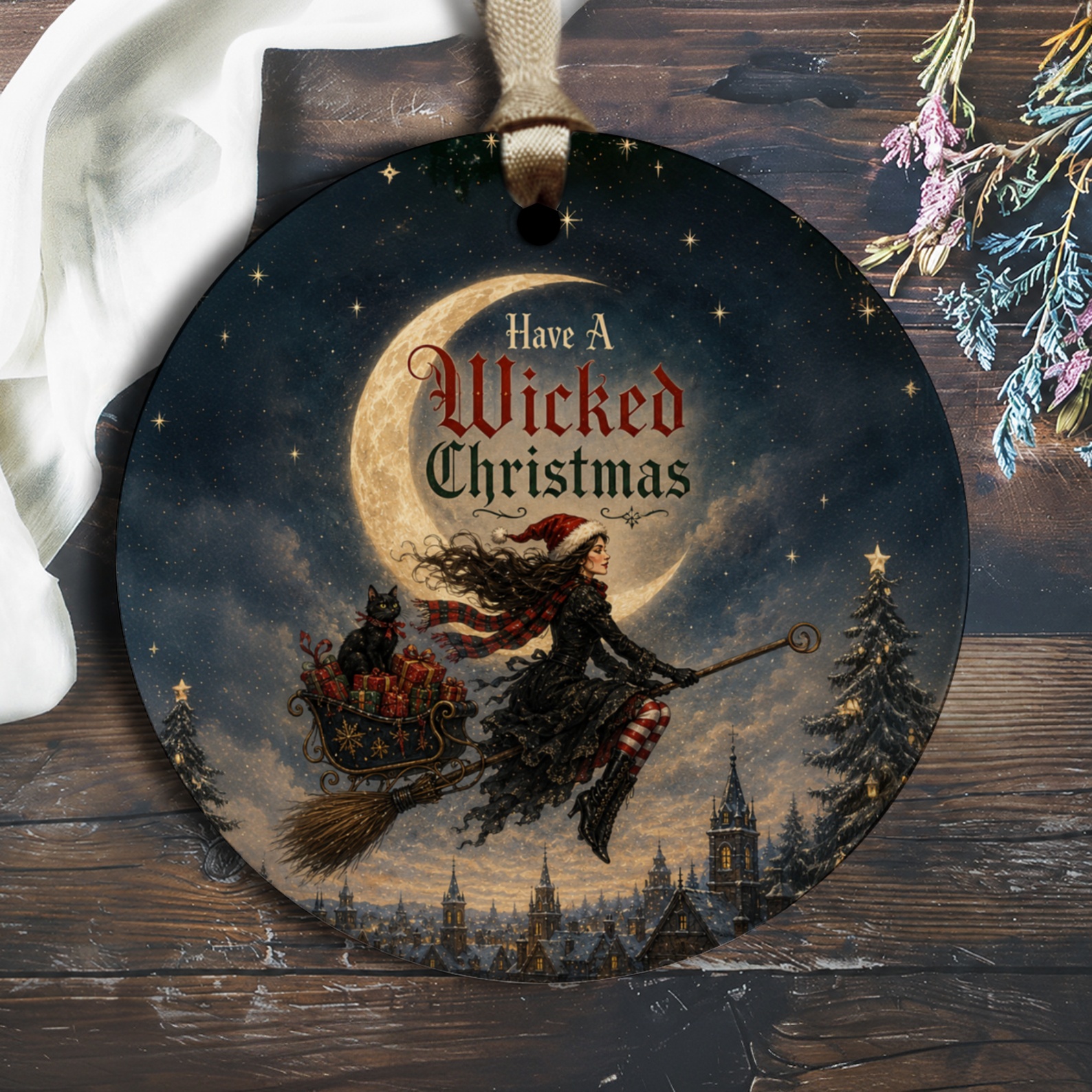 Have A Wicked Christmas Ornament Witch On Broom With Cat Holiday Decor Festive Christmas Tree Decoration Unique Gift O1484