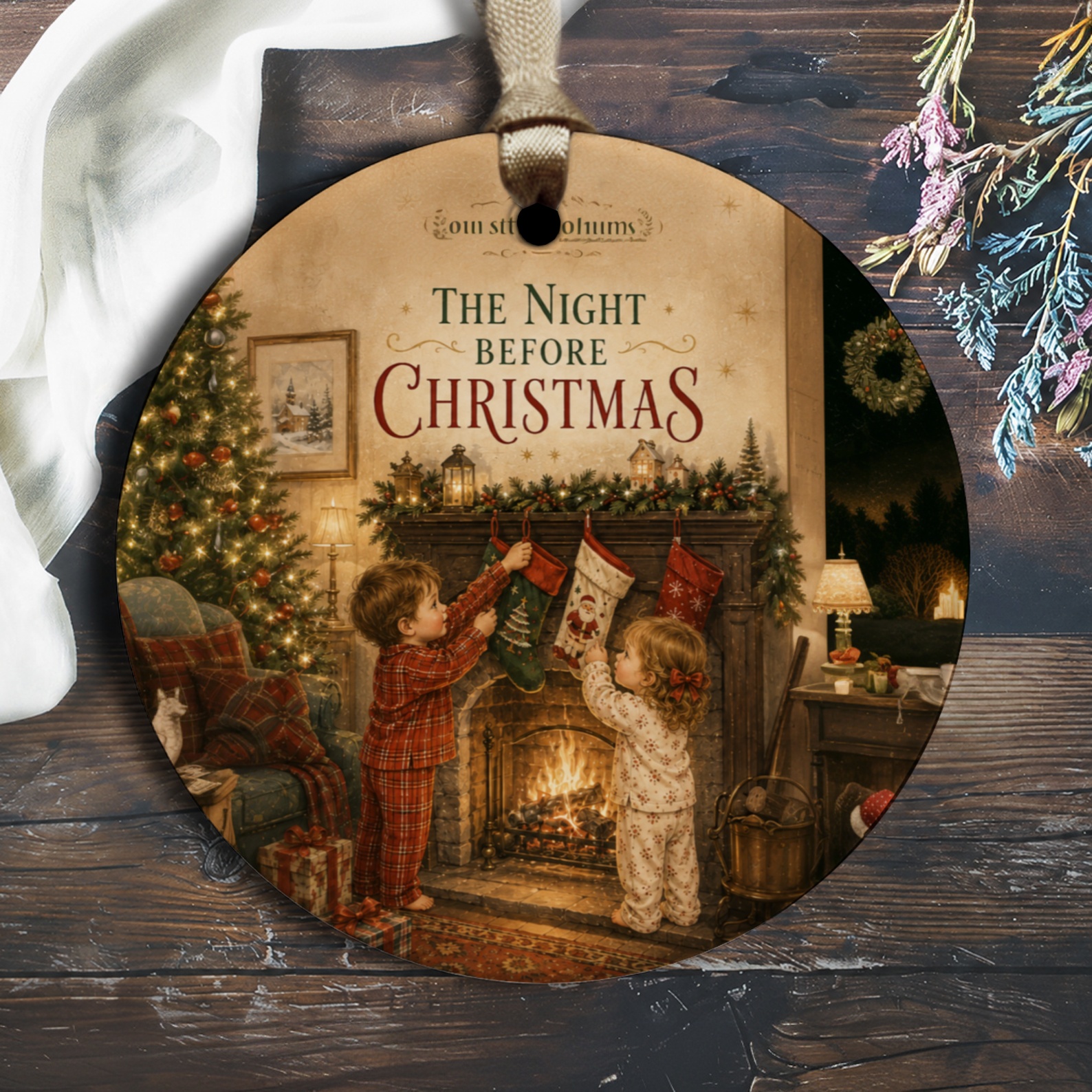 The Night Before Christmas Ornament Holiday Decor Kids Hanging Stockings Festive Christmas Tree Fireplace Scene O1489