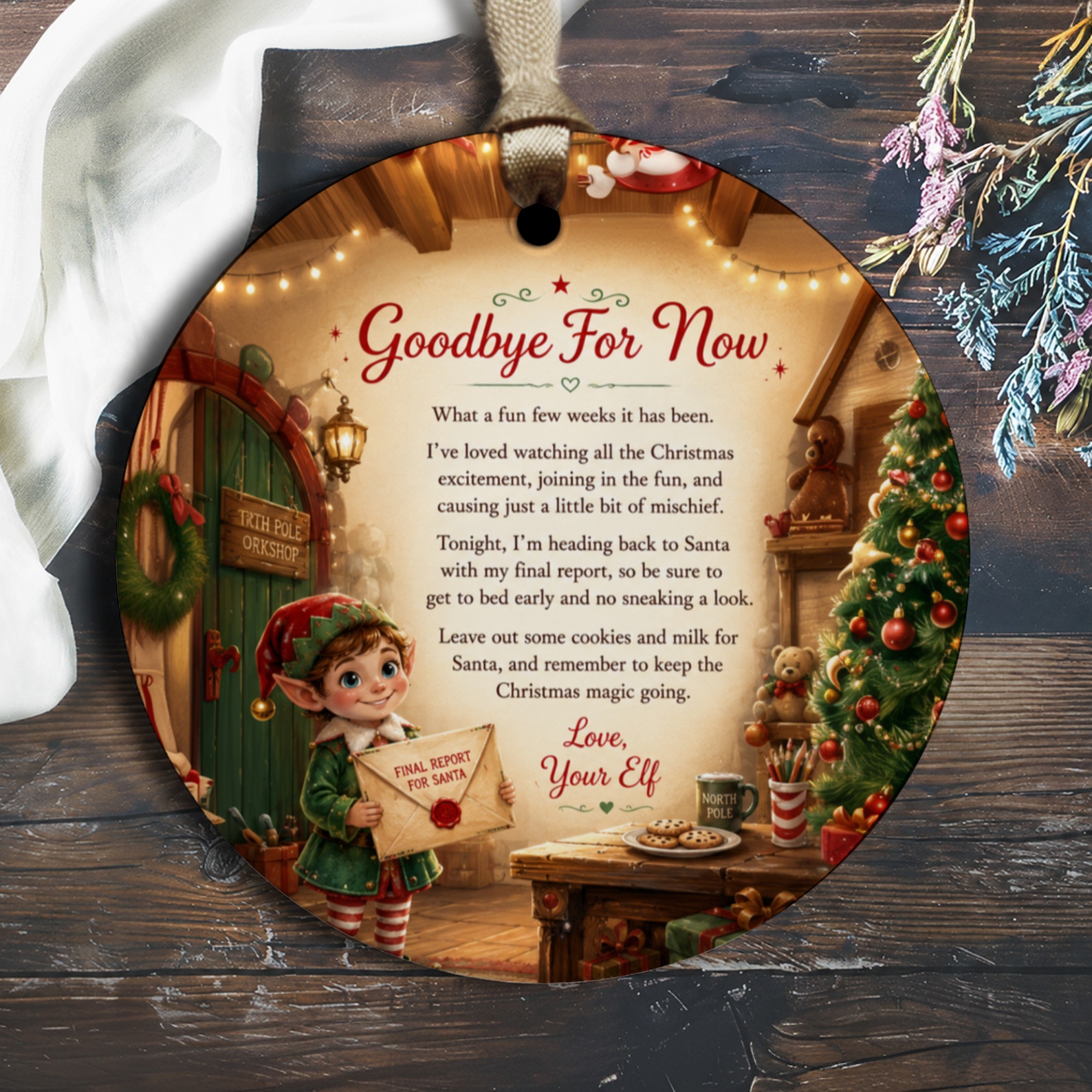 Goodbye For Now Christmas Ornament Elf With Christmas Scene Holiday Decor Keepsake Festive Tree Decoration Gift O1495