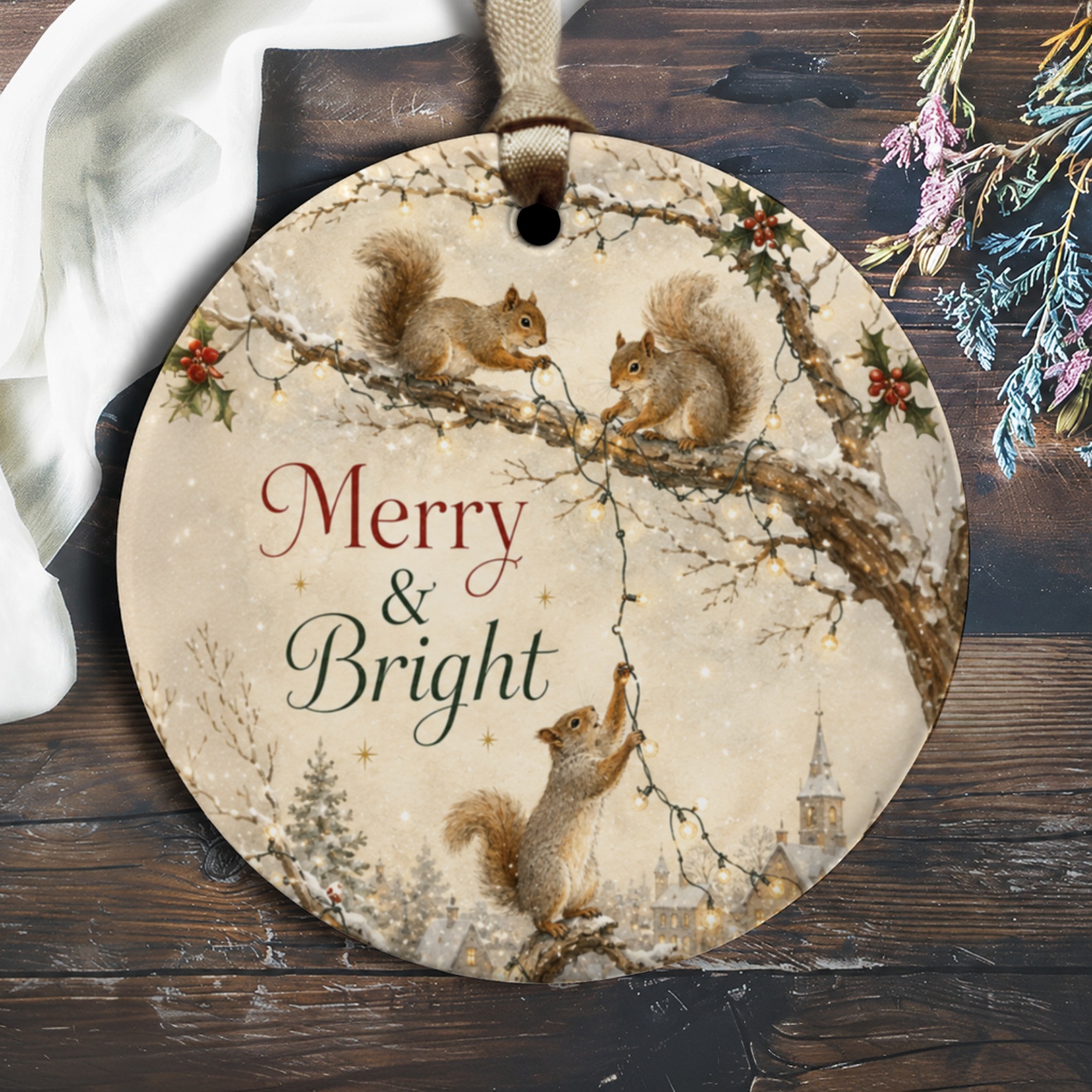 Merry & Bright Christmas Ornament Squirrels With Lights Holiday Decor Winter Scene Woodland Animals Festive Tree Decoration O1498
