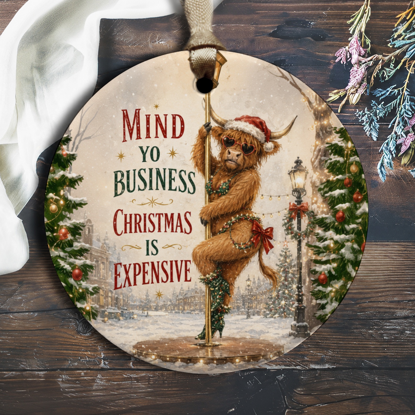 Mind Yo Business Christmas Is Expensive Funny Christmas Ornament Festive Cow Holiday Decor Cute Animal Ornament Xmas Gift O1507