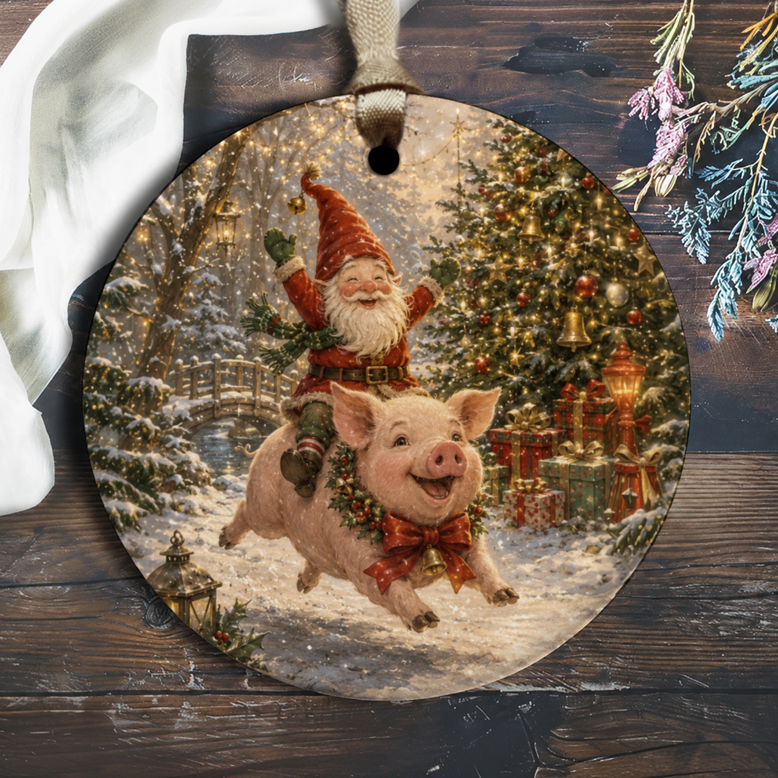 Santa Riding Pig Christmas Ornament Festive Holiday Decor Cute Santa Claus Decoration Winter Wonderland Scene O1517