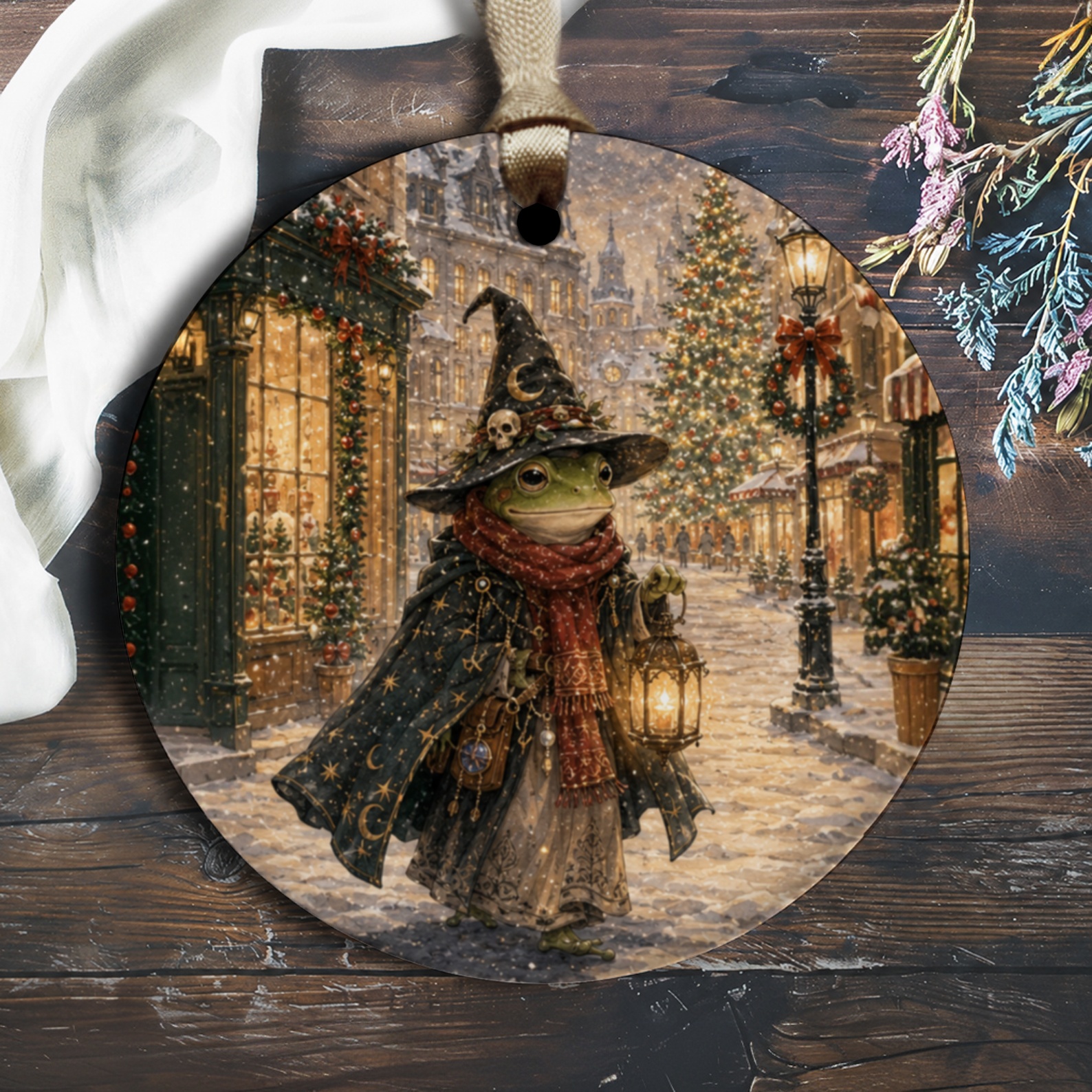 Frog Wizard Christmas Ornament Cute Holiday Decor Magical Frog With Lantern Winter Wonderland Scene Unique Gift O1526