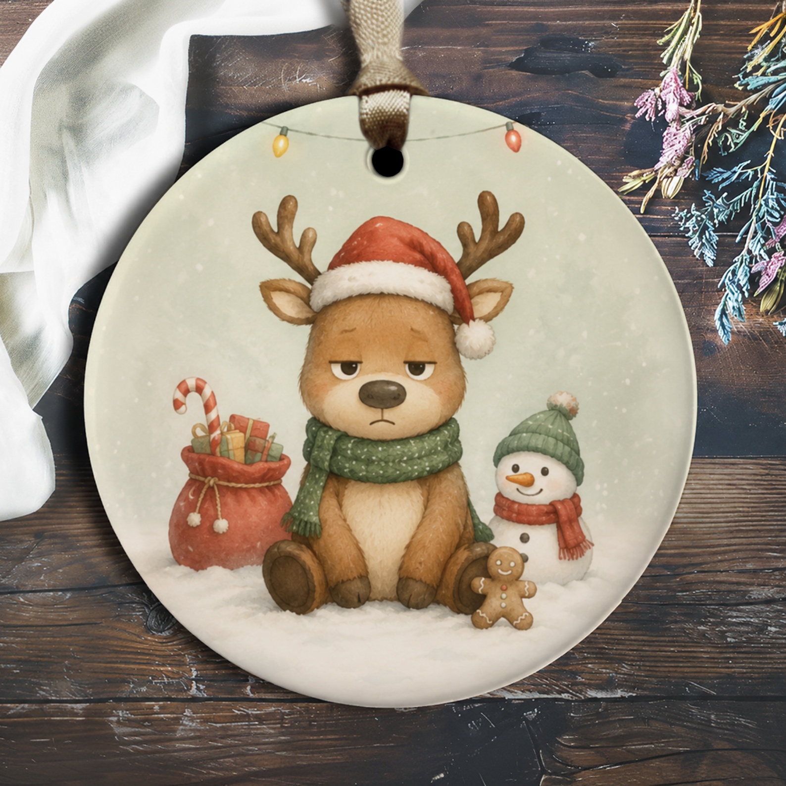 Cute Reindeer With Santa Hat Christmas Ornament Adorable Holiday Decor Snowman Gingerbread Winter Scene Festive Gift O1533