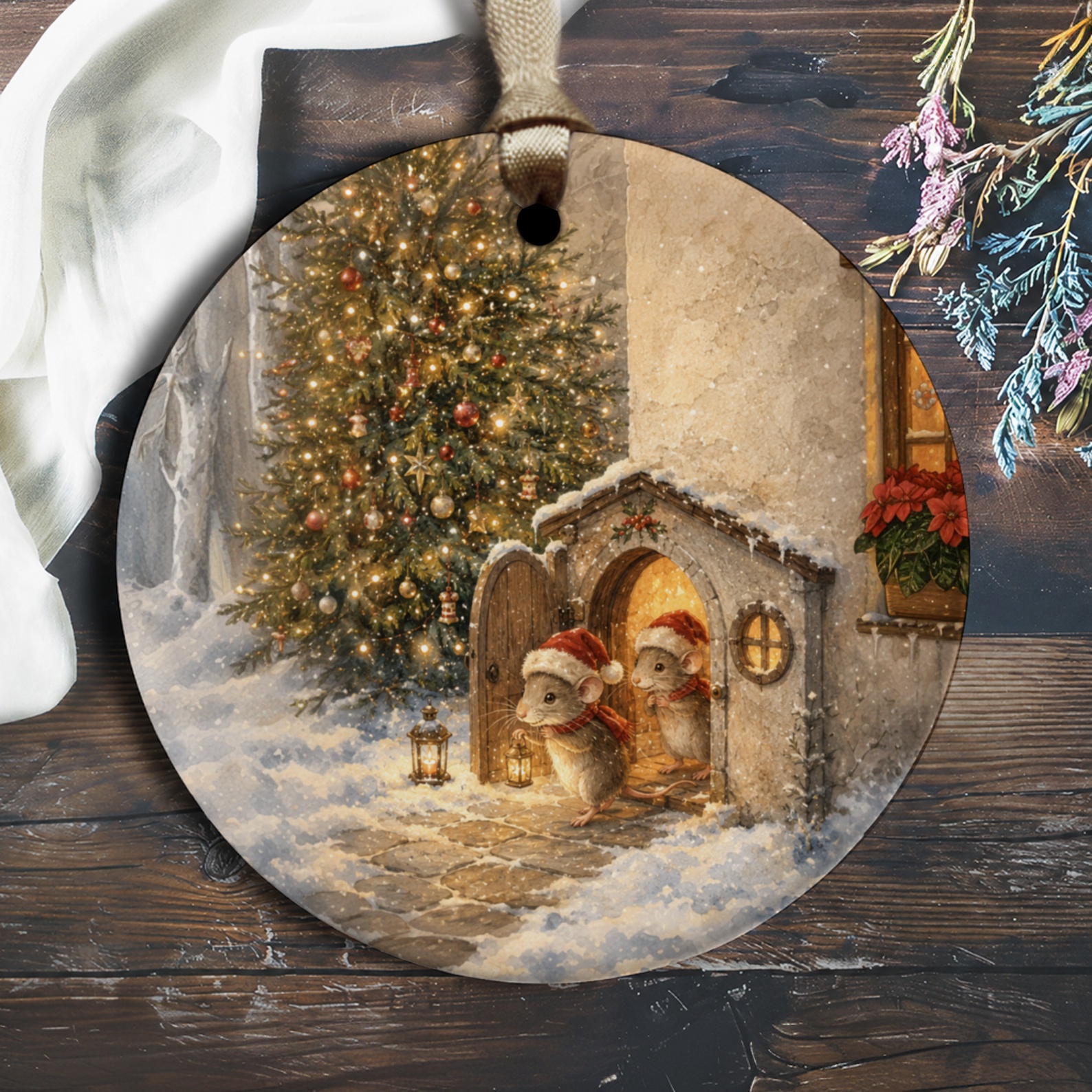 Christmas Mice Ornament Cute Holiday Decor Santa Hat Mice Winter Scene Christmas Tree Decoration Festive Home Ornament O1539