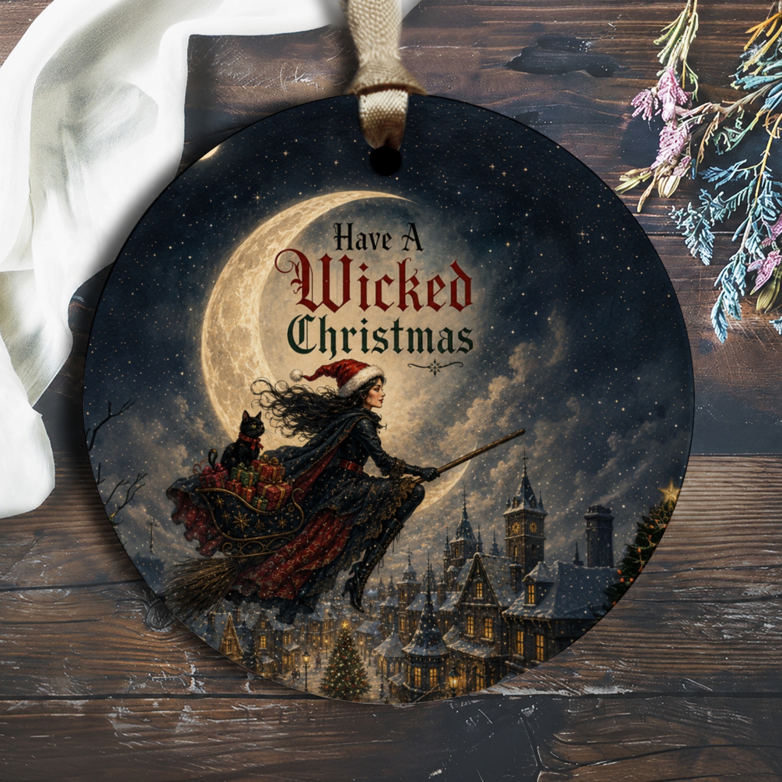 Have A Wicked Christmas Ornament Witch Flying Over Town Holiday Decor Gothic Christmas Tree Decoration Unique Gift O1486