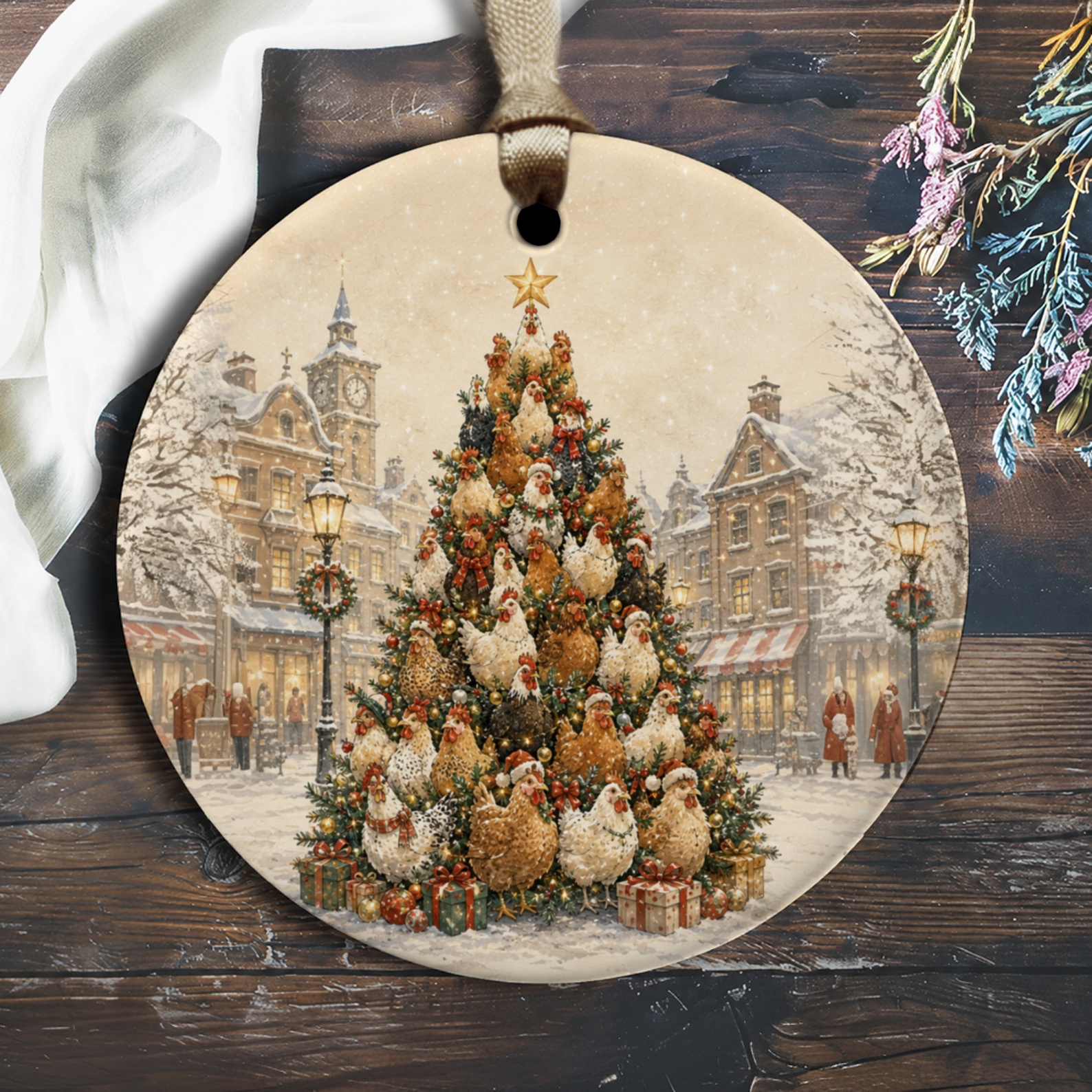 Chickens On Christmas Tree Ornament Festive Holiday Decor Farmhouse Style Winter Scene Rustic Country Christmas Gift O1491