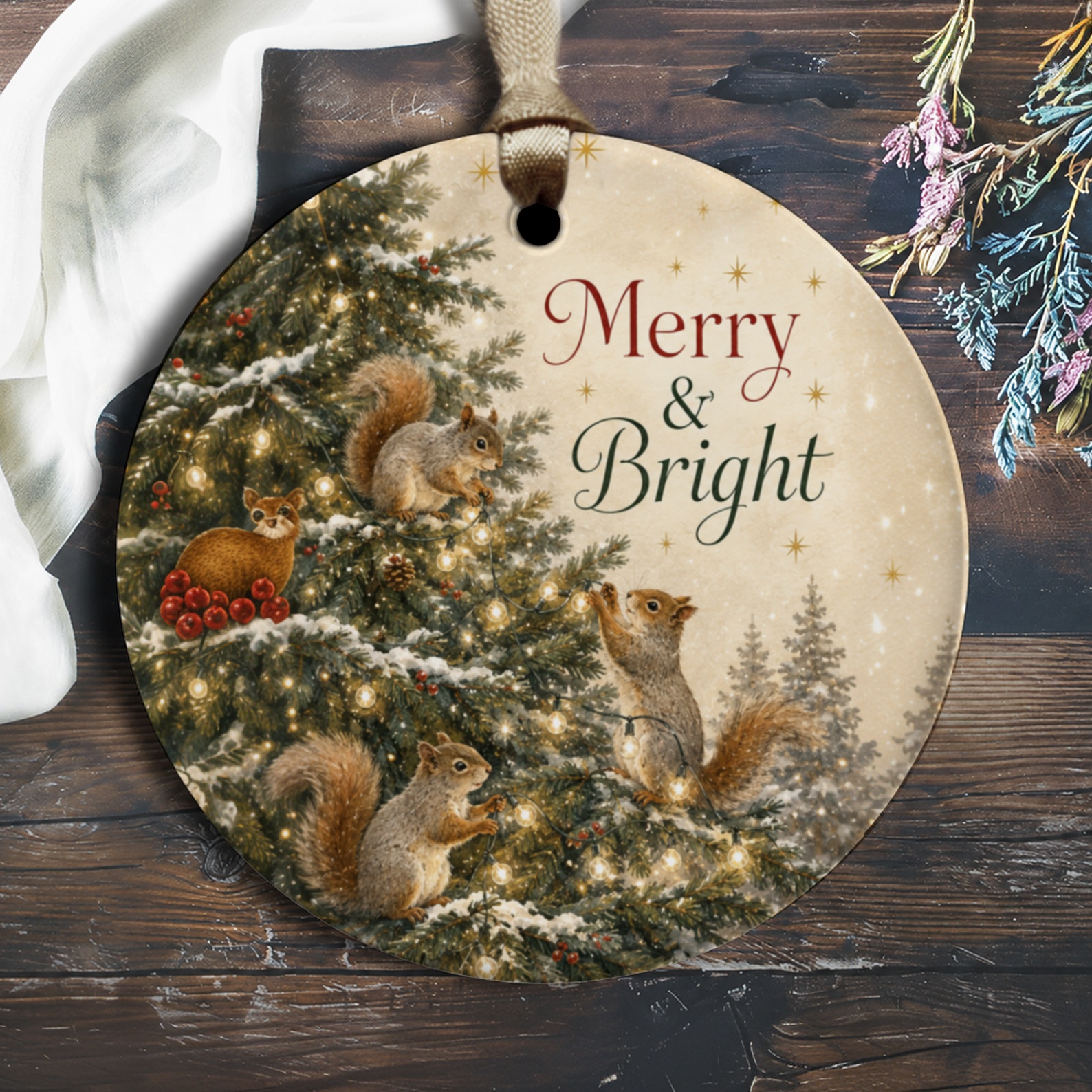 Merry & Bright Christmas Ornament Squirrels On Tree Holiday Decor Cute Woodland Animal Decoration Festive Winter Ornament O1497