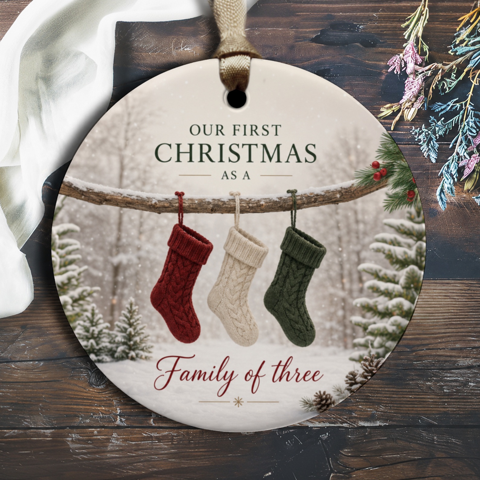 Our First Christmas As A Family Of Three Ornament Holiday Decor New Parents Keepsake Christmas Tree Decoration O1510