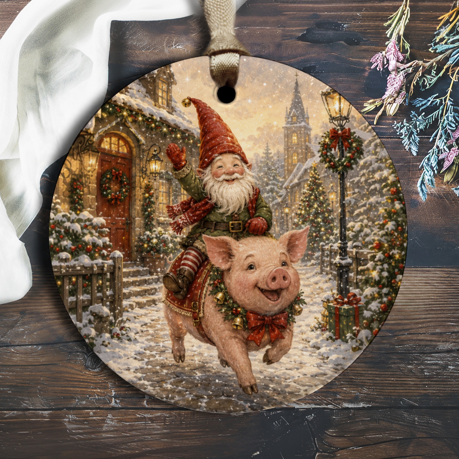 Santa Riding Pig Christmas Ornament Festive Holiday Decor Cute Winter Scene Snowy Village Decoration Gift O1516