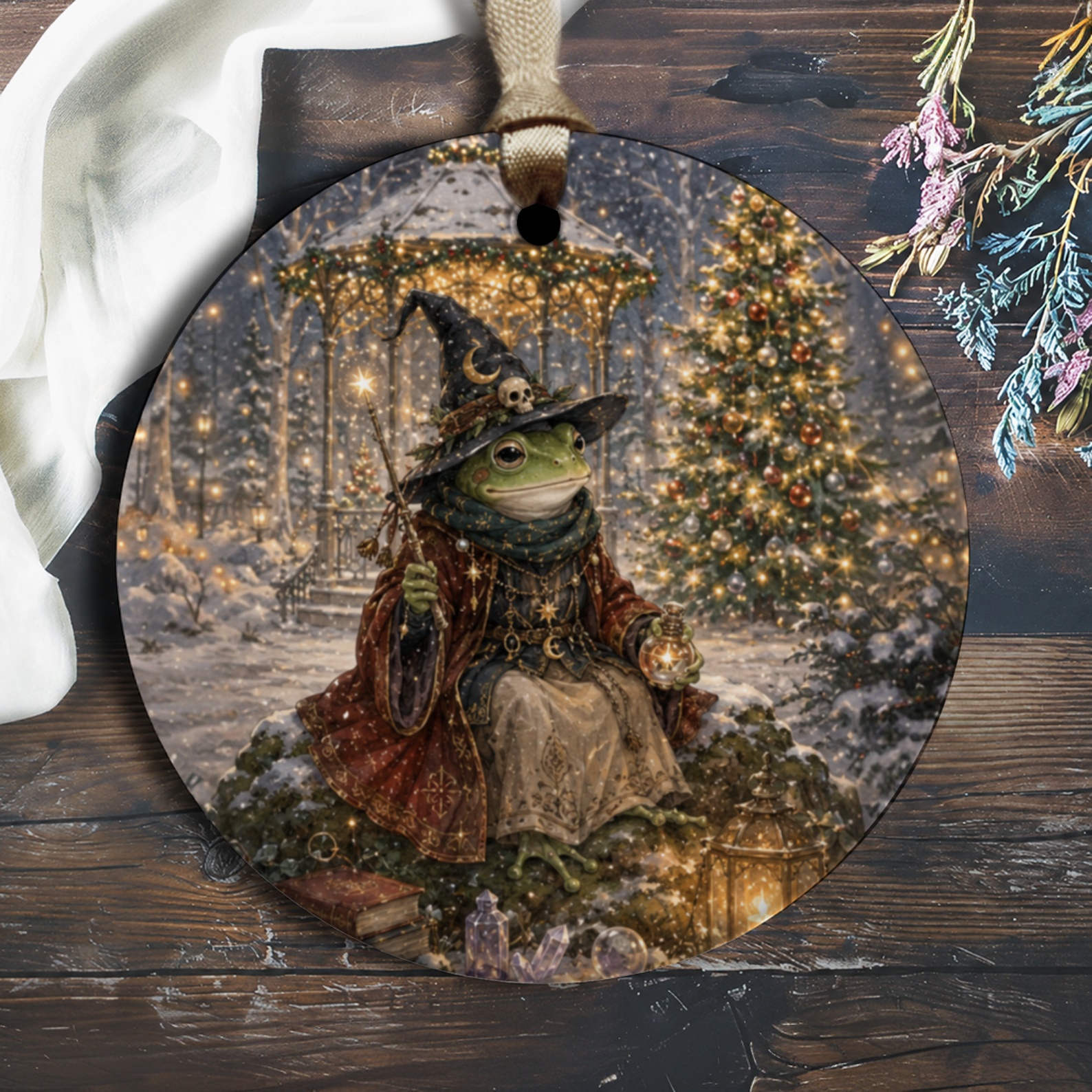 Frog Wizard Christmas Ornament Enchanted Winter Scene Magical Holiday Decor Fantasy Tree Decoration Gift O1527