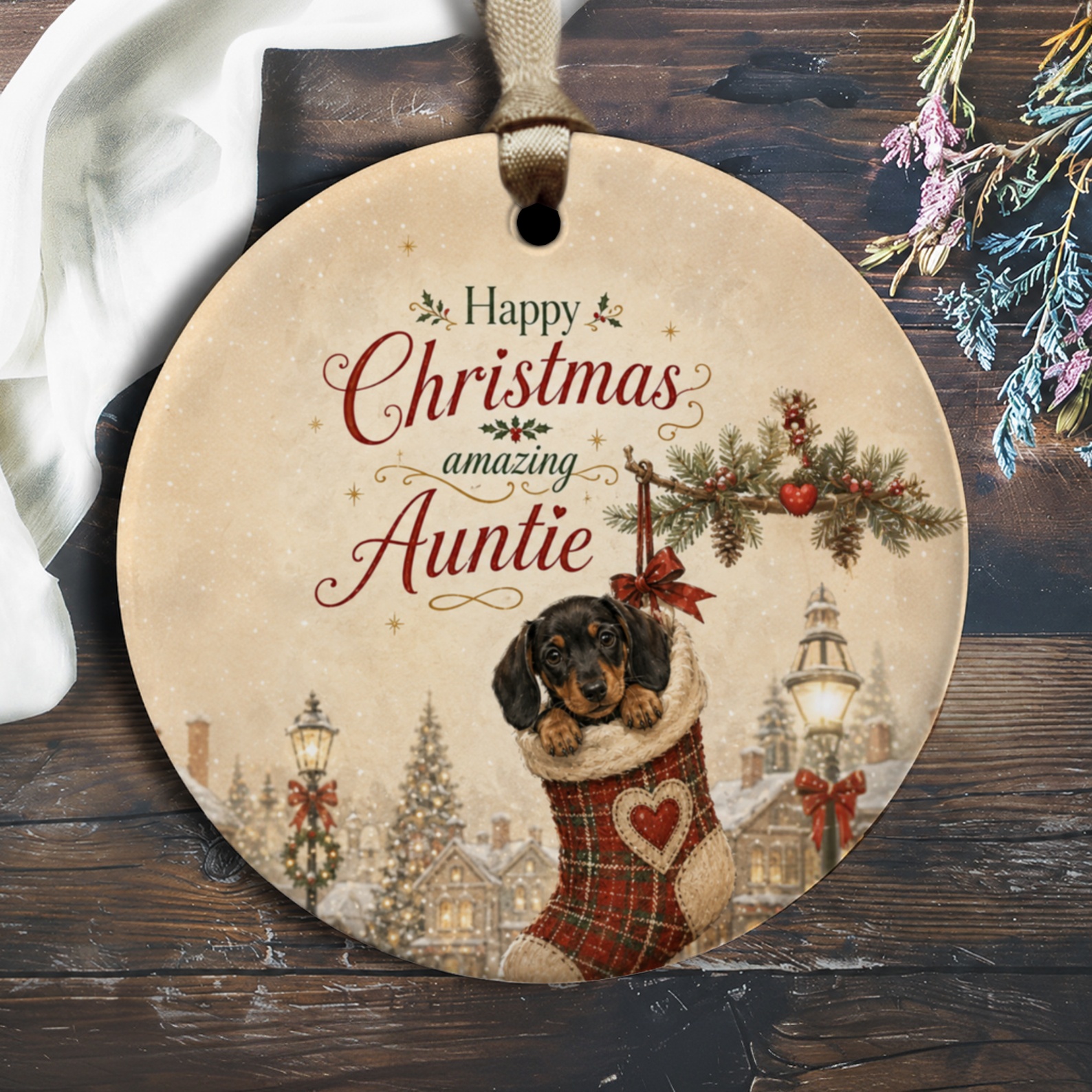 Happy Christmas Amazing Auntie Ornament Cute Dog In Stocking Holiday Decoration Gift For Aunt Festive Christmas Ornament O1571