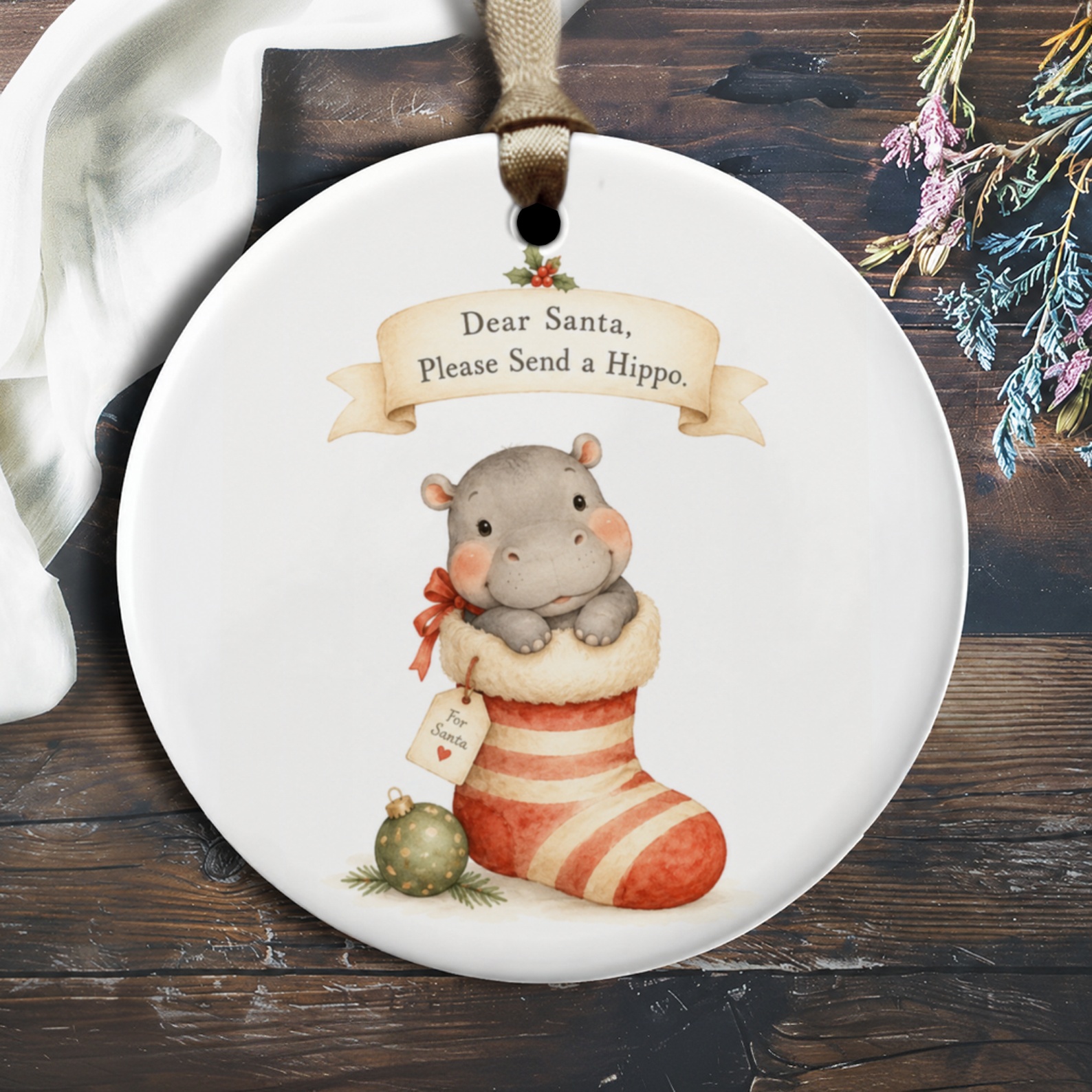 Dear Santa, Please Send A Hippo Christmas Ornament Cute Hippo In Stocking Holiday Decor Fun Gift For Kids Xmas Tree Decoration O1541
