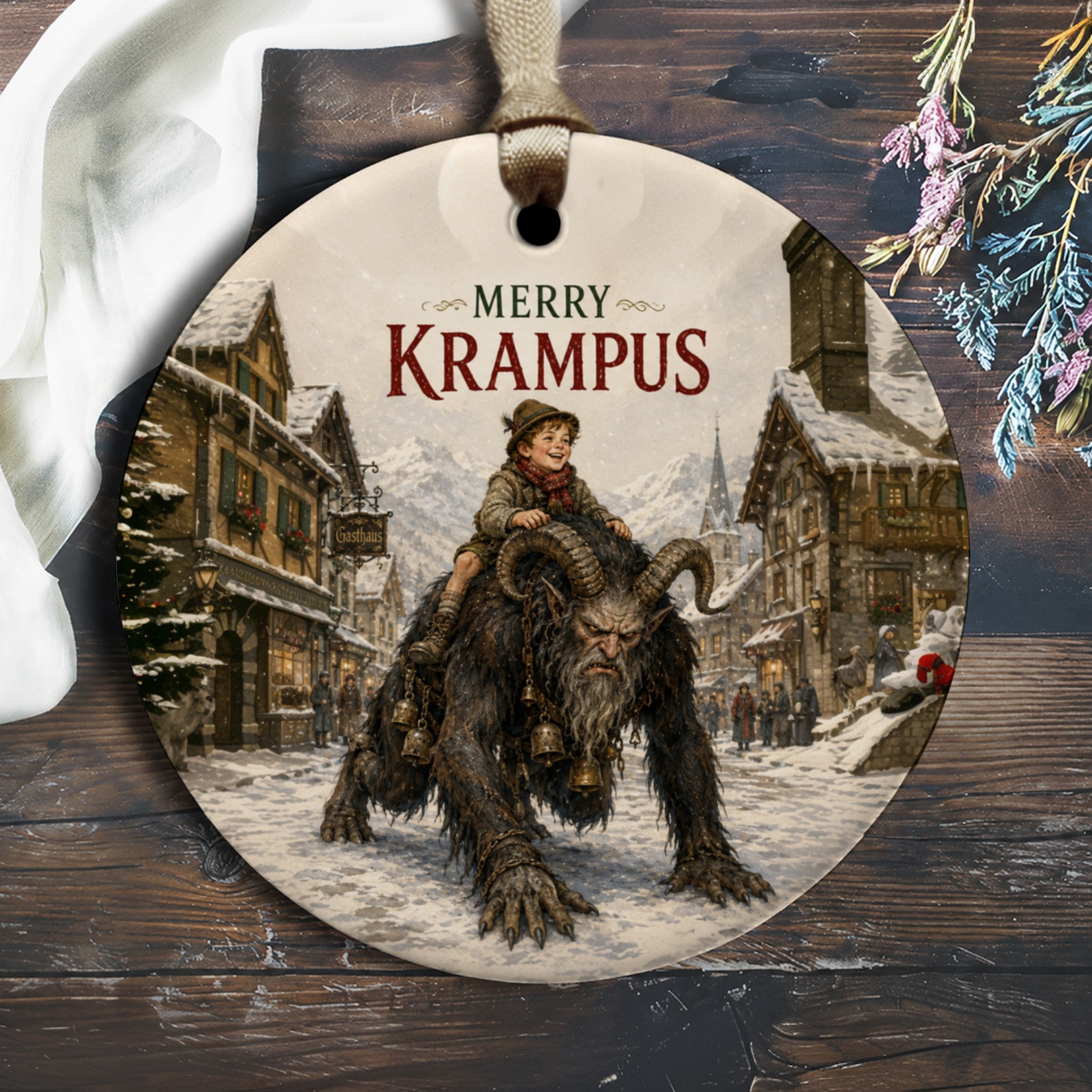Merry Krampus Christmas Ornament Holiday Decor Krampus With Child Winter Scene Festive Decoration Unique Christmas Gift O1555