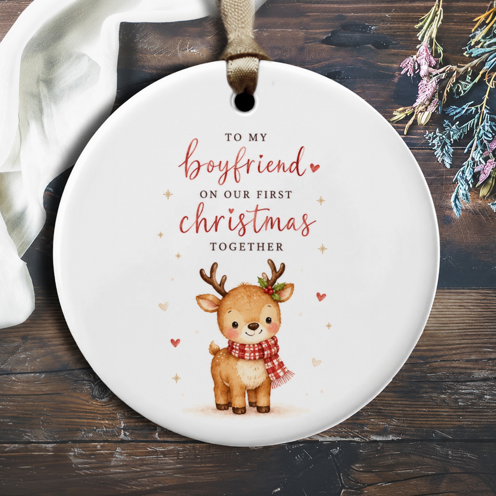 To My Boyfriend On Our First Christmas Together Ornament Cute Reindeer Illustration Christmas Ornament For Boyfriend Romantic Gift O1556