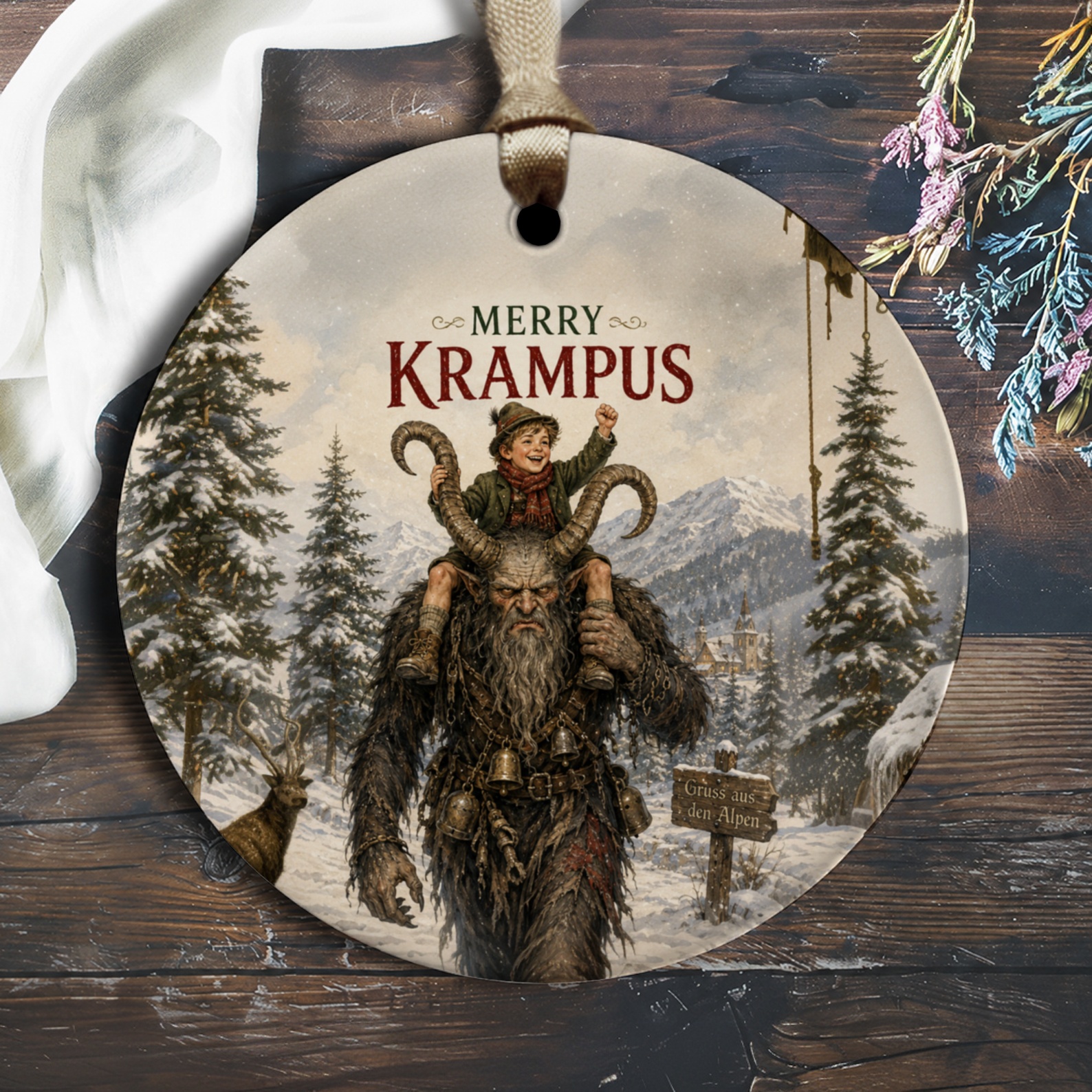 Merry Krampus Christmas Ornament Holiday Decor Krampus With Child Winter Scene Alpine Forest Festive Decoration O1569