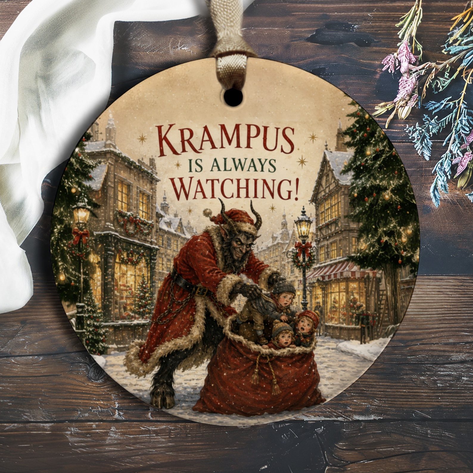 Krampus Is Always Watching! Christmas Ornament Festive Holiday Decor Vintage Style Krampus Decoration Winter Scene O1570
