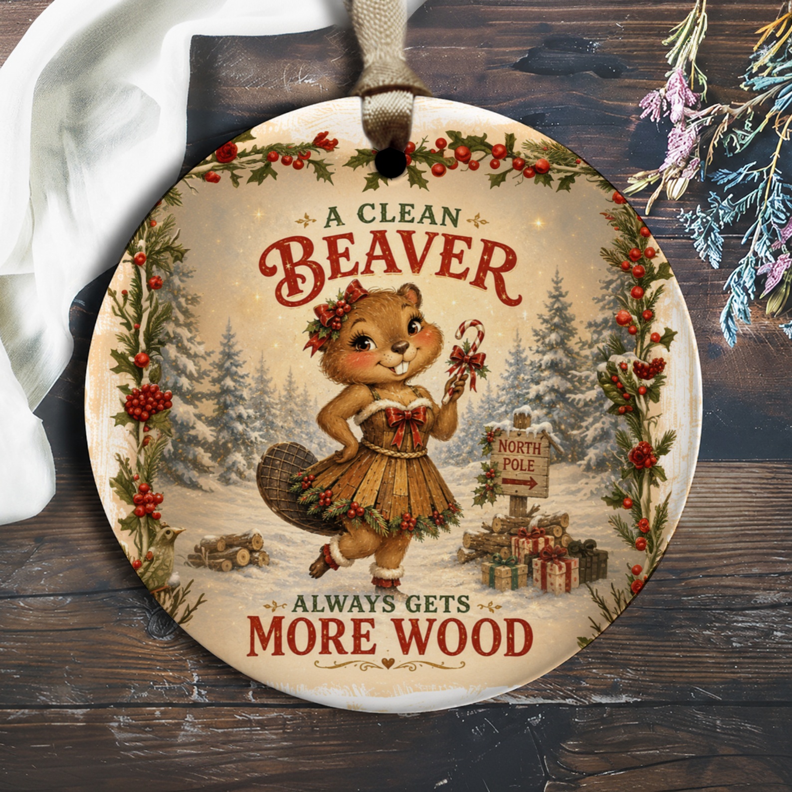 A Clean Beaver Always Gets More Wood Christmas Ornament Funny Holiday Decor Festive Beaver With Candy Cane O1607