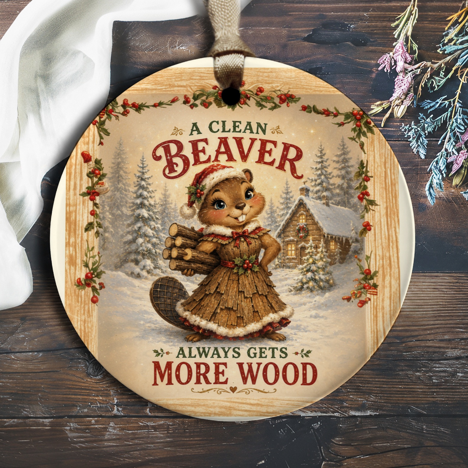 A Clean Beaver Always Gets More Wood Funny Christmas Ornament Cute Beaver Winter Scene Holiday Decor Gift O1608