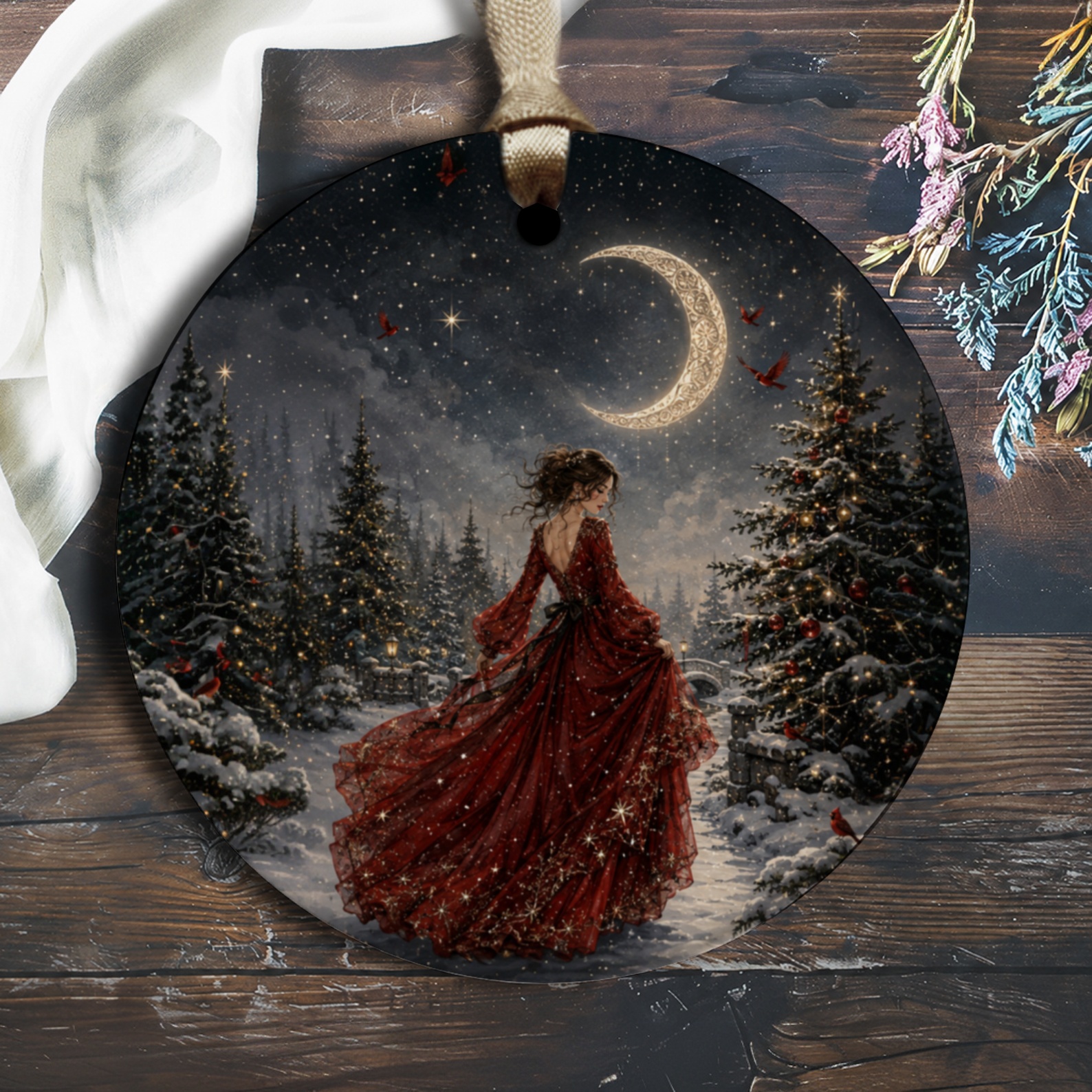 Christmas Ornament Enchanting Winter Scene Woman In Red Dress Under Moonlight Holiday Decor Gift For Her O1610