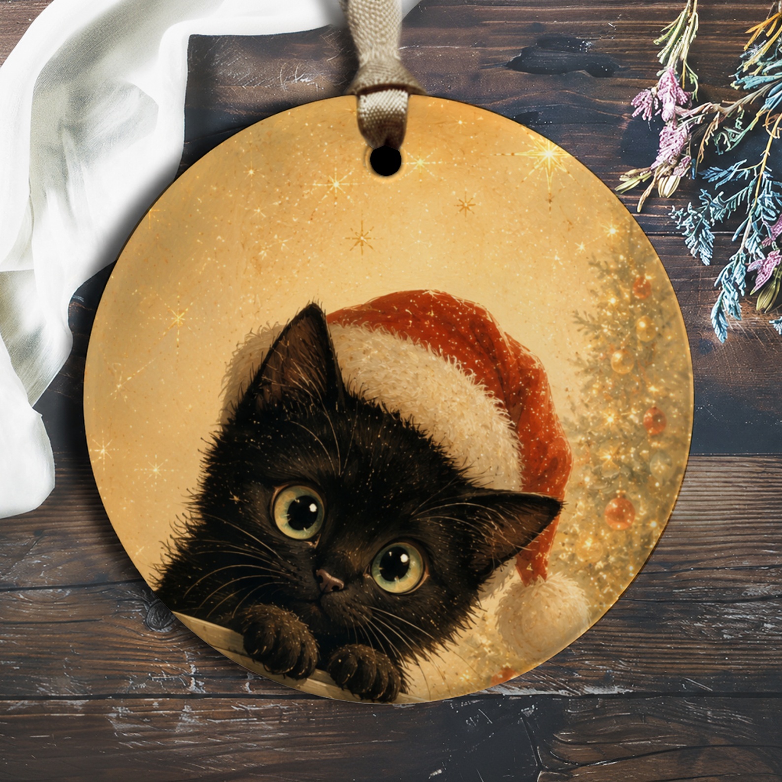 Black Cat Christmas Ornament Cute Holiday Decor Santa Hat Kitty Festive Tree Decoration For Cat Lovers Adorable Xmas Gift O1613