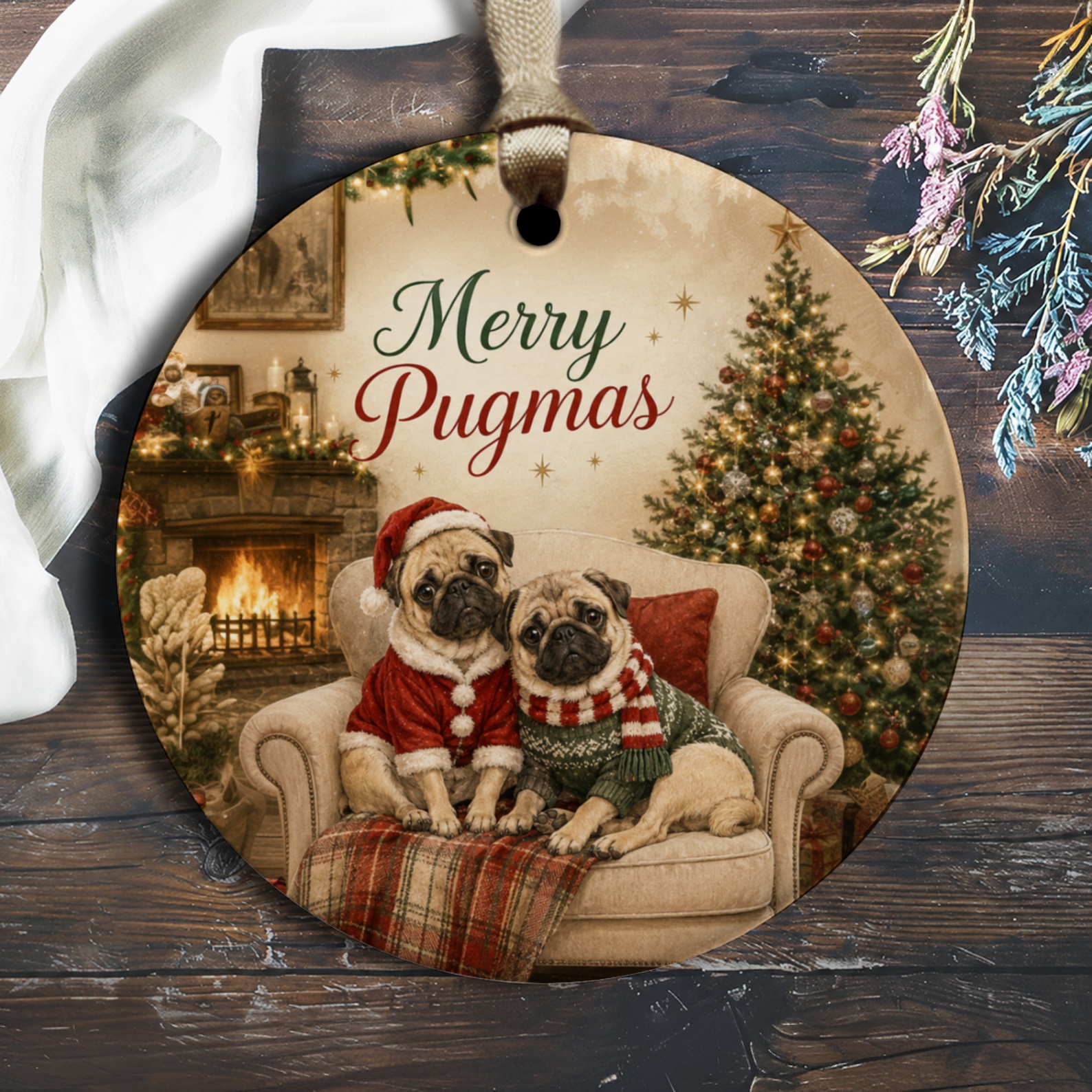 Merry Pugmas Christmas Ornament Cute Pug Holiday Decor Dog Lover Gift Festive Tree Decoration Cozy Winter Scene O1602
