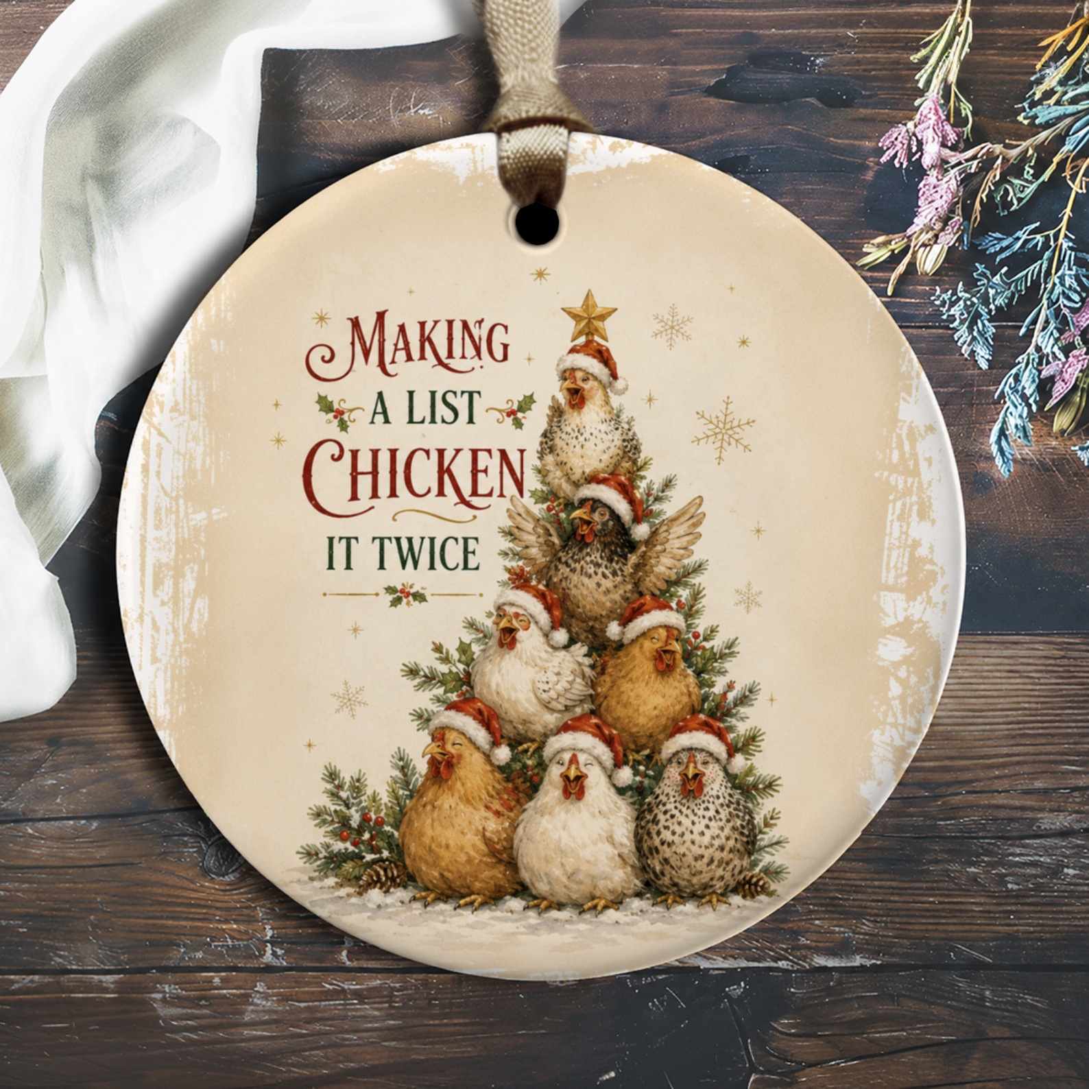 Making A List Chicken It Twice Funny Christmas Ornament Chickens In Santa Hats Holiday Decor Farmhouse Style O1603