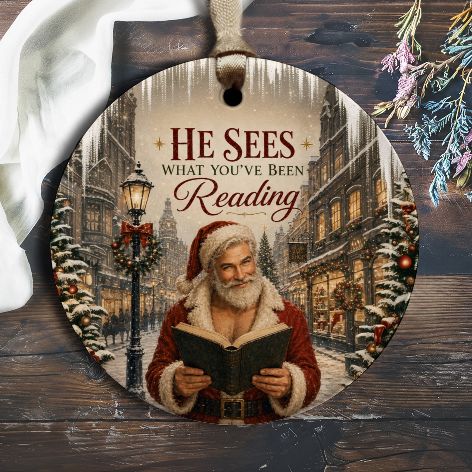 He Sees What You've Been Reading Christmas Ornament Santa With Book Holiday Decor Festive Street Scene Winter Decoration O1606