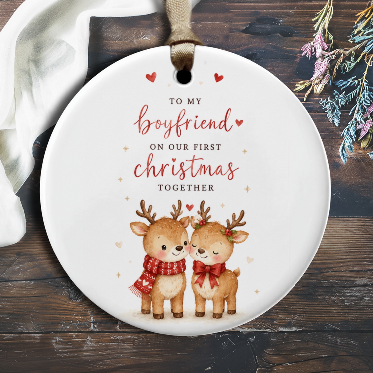 To My Boyfriend On Our First Christmas Together Ornament Cute Reindeer Couple Christmas Ornament For Boyfriend Romantic Holiday De O1609