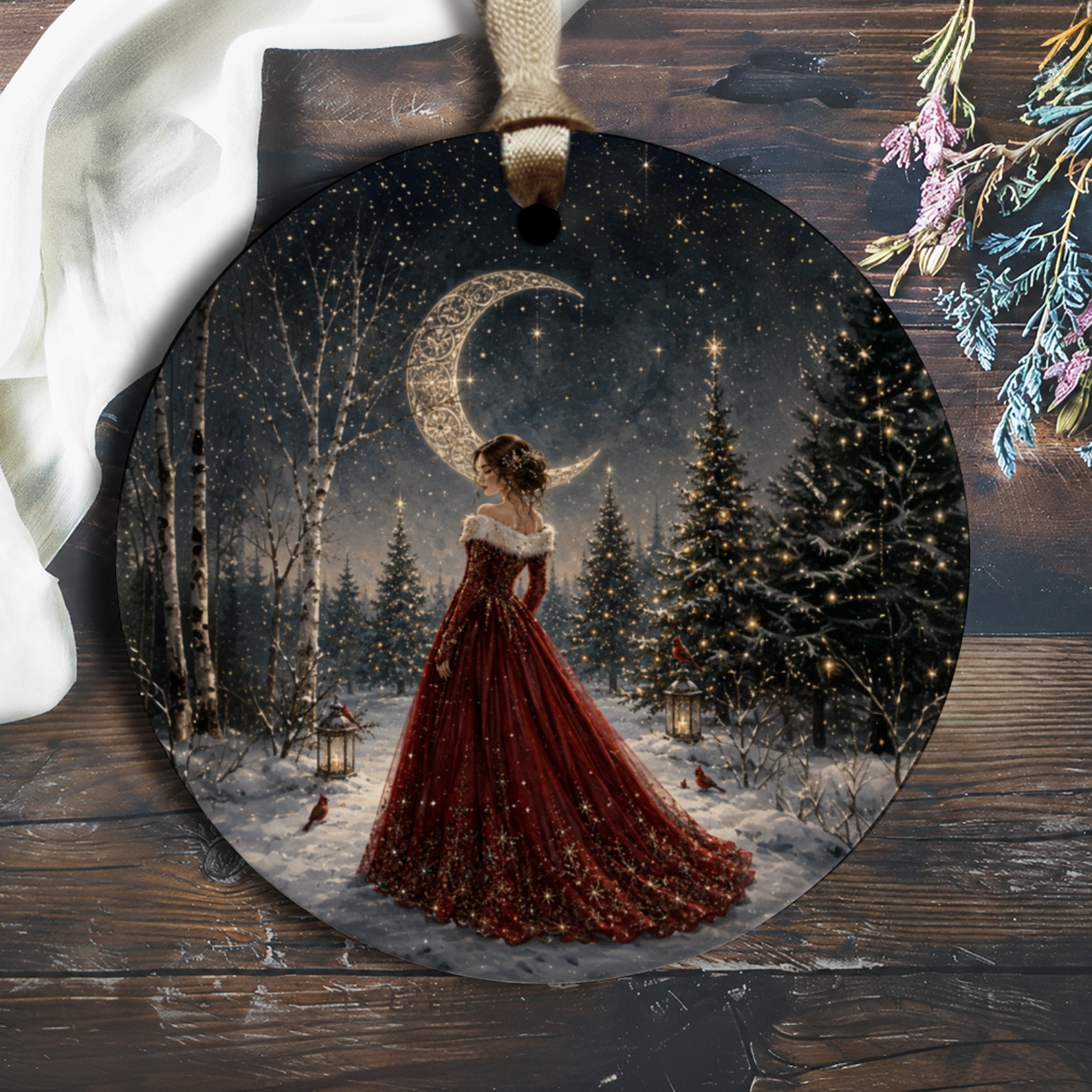 Elegant Christmas Ornament Woman In Red Dress Winter Scene Moonlit Night Holiday Decor Gift O1611