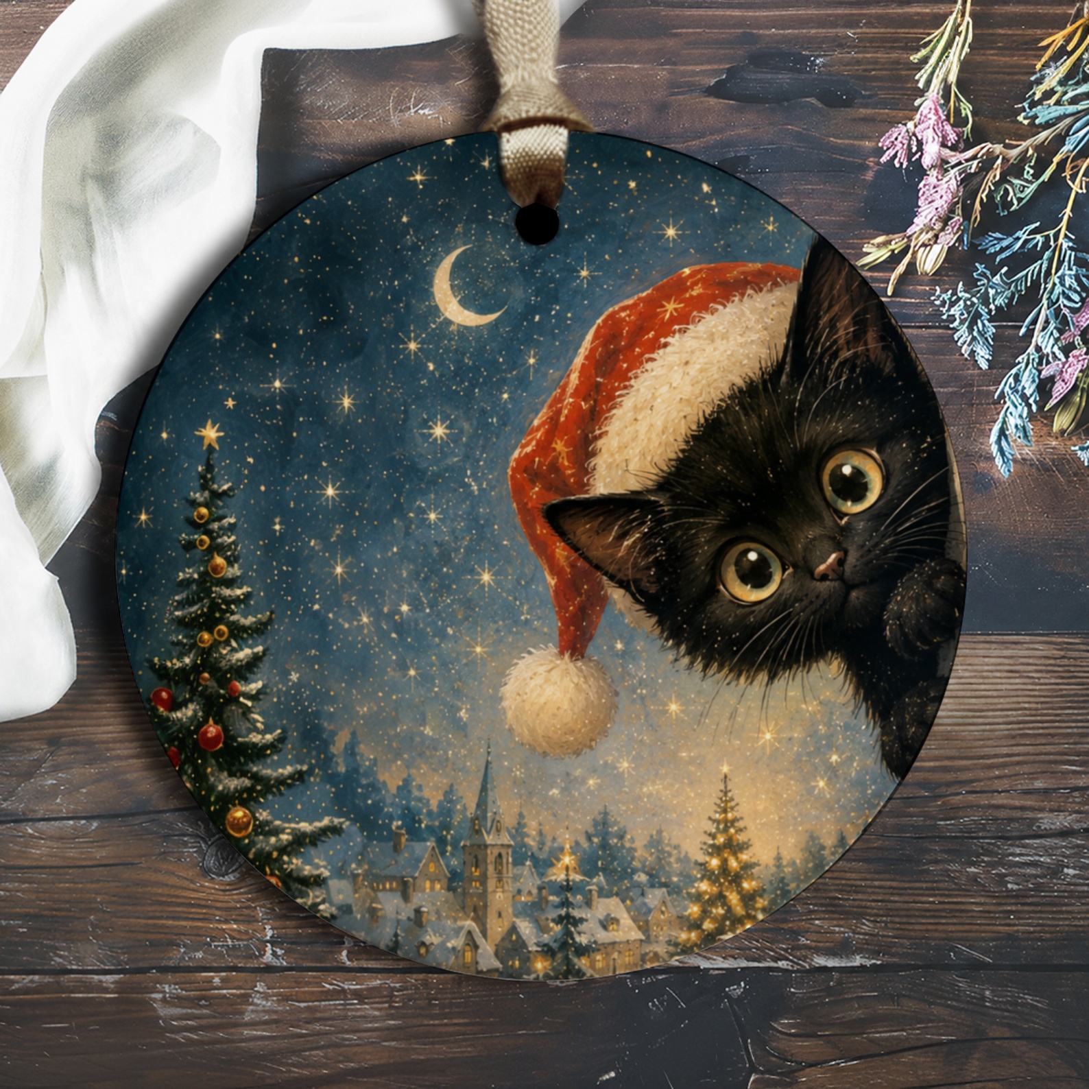 Black Cat In Santa Hat Christmas Ornament Cute Holiday Decor For Cat Lovers Festive Tree Decoration Winter Wonderland Scene O1612