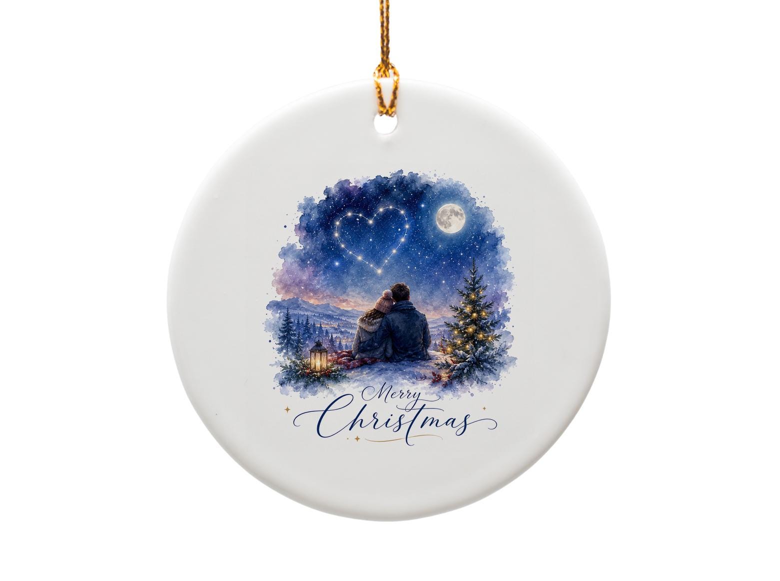 Merry Christmas Ornament Romantic Winter Scene Couple Under Starry Sky Holiday Decor Gift For Her Him O1233
