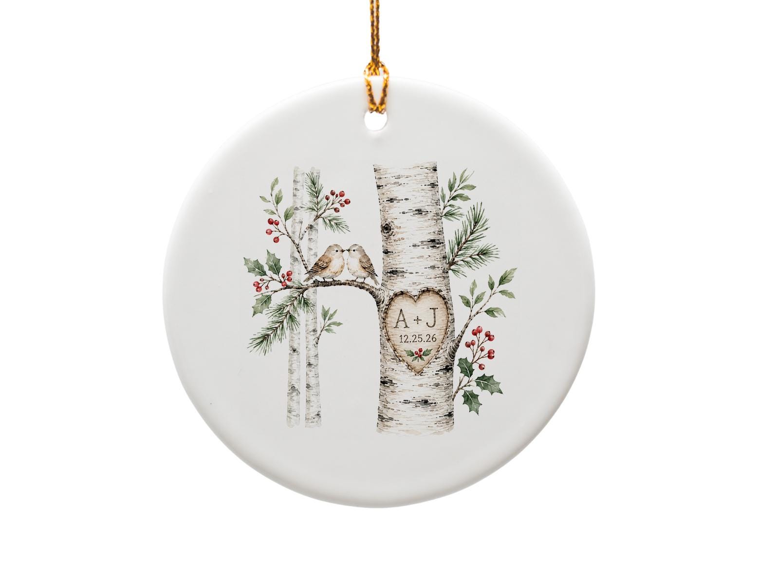 Personalized Christmas Ornament Love Birds Birch Tree Custom Couple Holiday Decor O1238